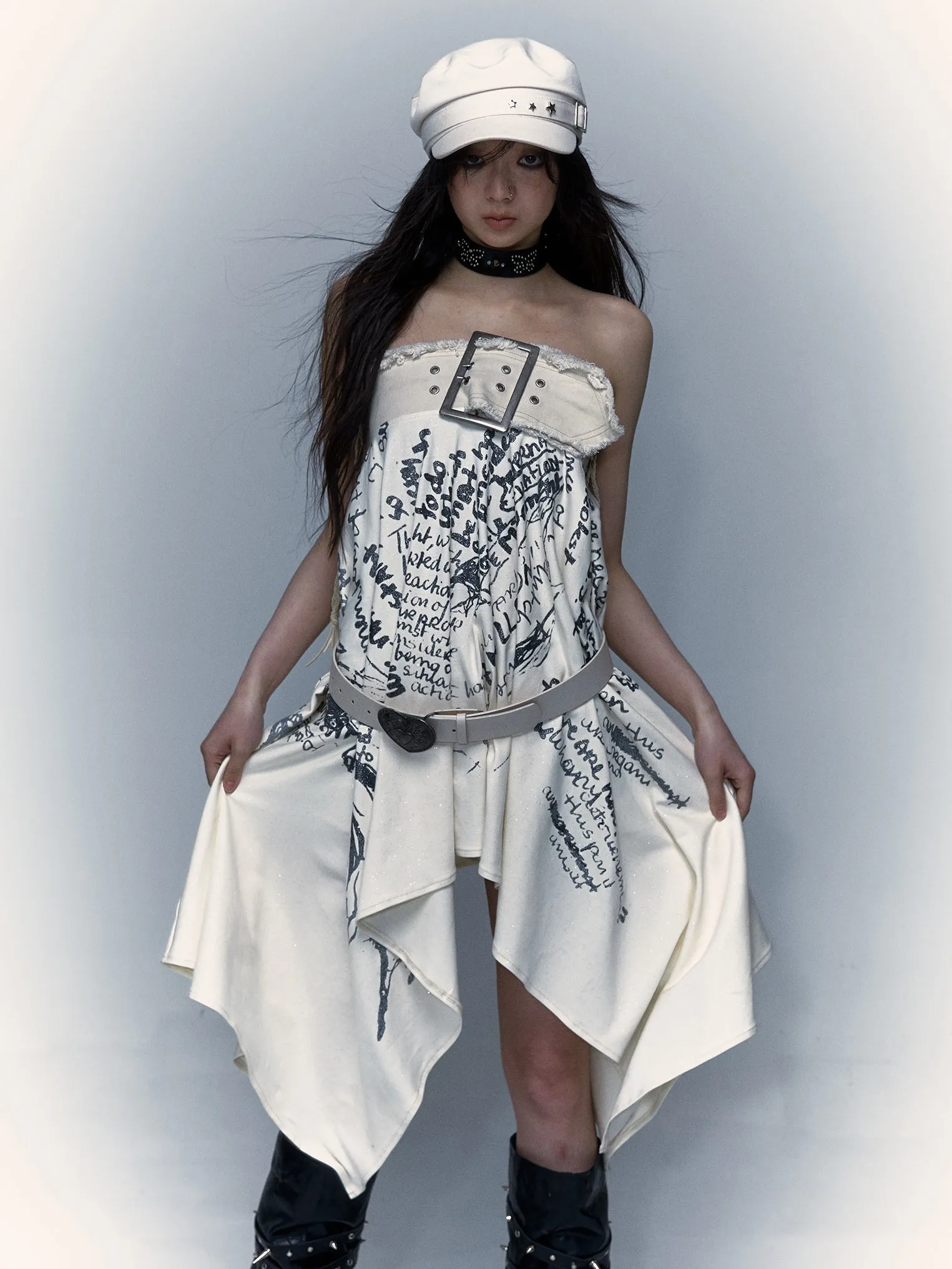 Print 2way Bare-top Belted Skirt