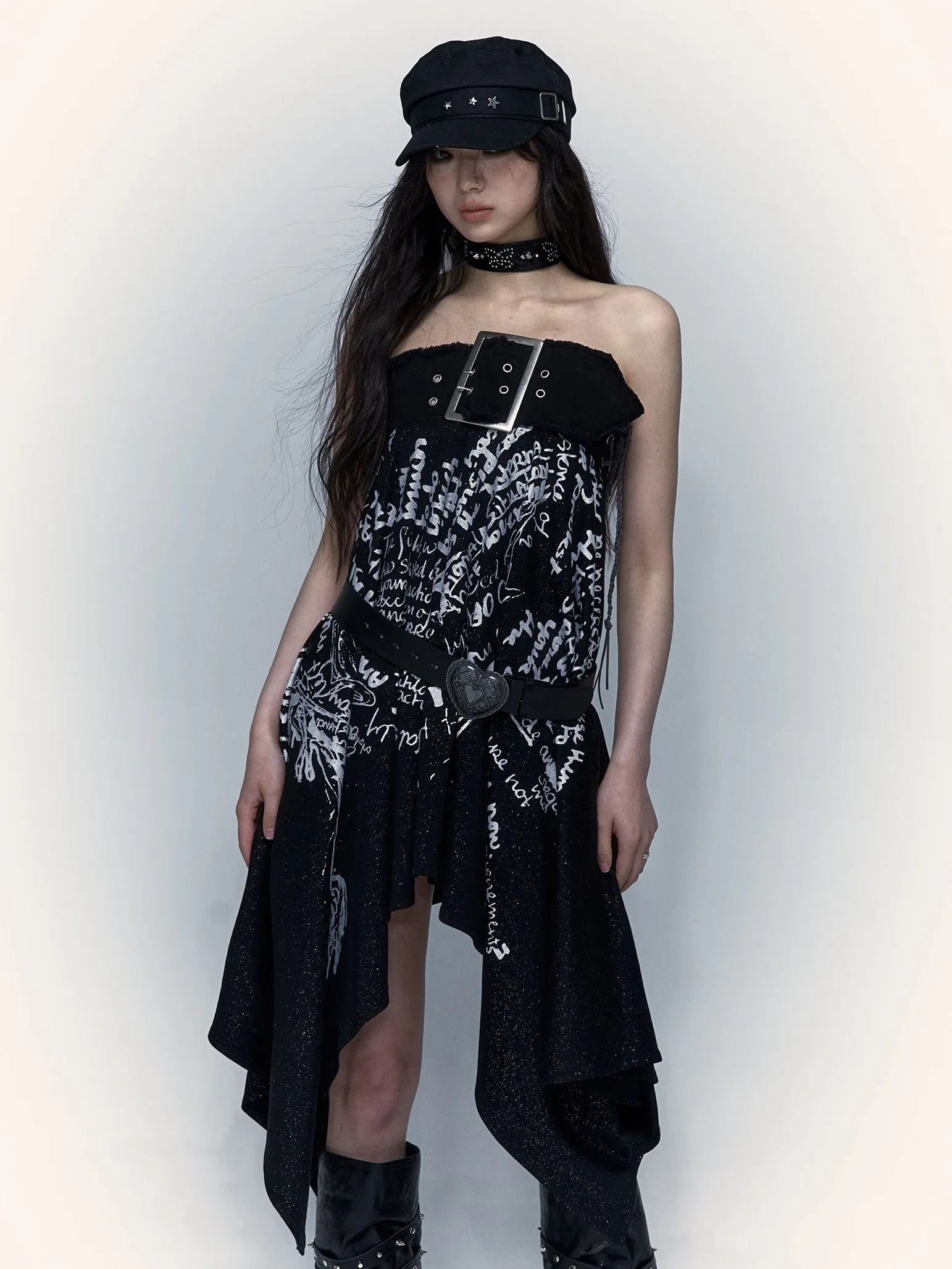 Print 2way Bare-top Belted Skirt