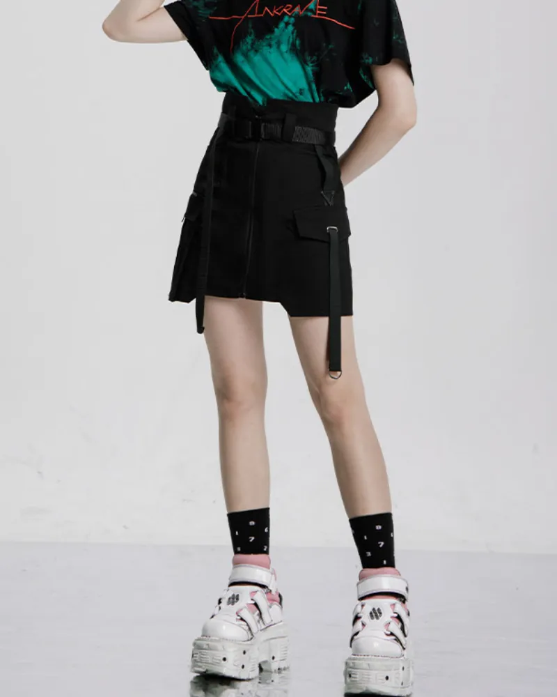 Punk High Waist Cargo Plaid Skirt