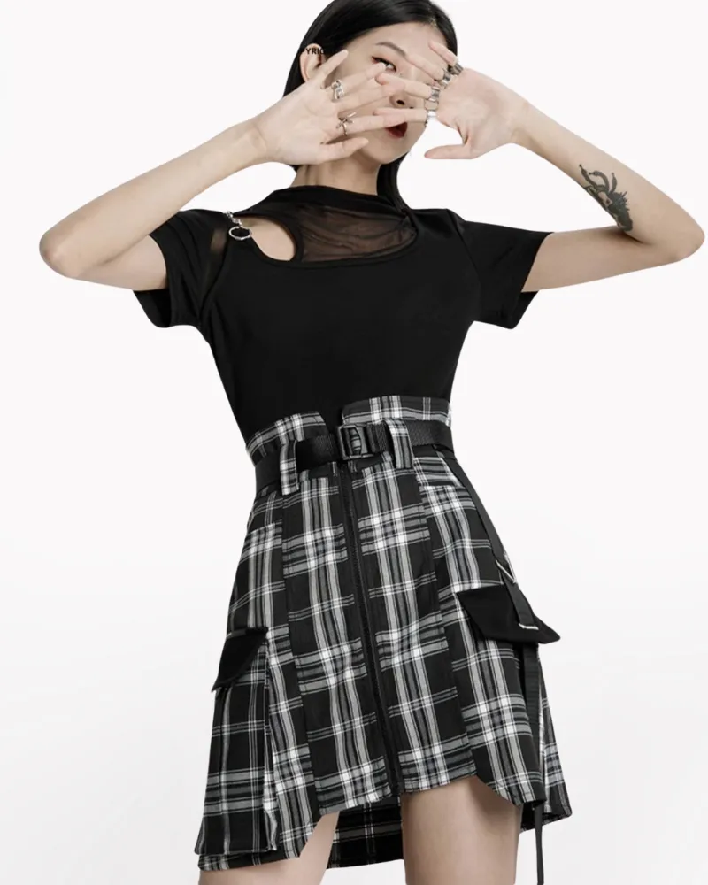 Punk High Waist Cargo Plaid Skirt