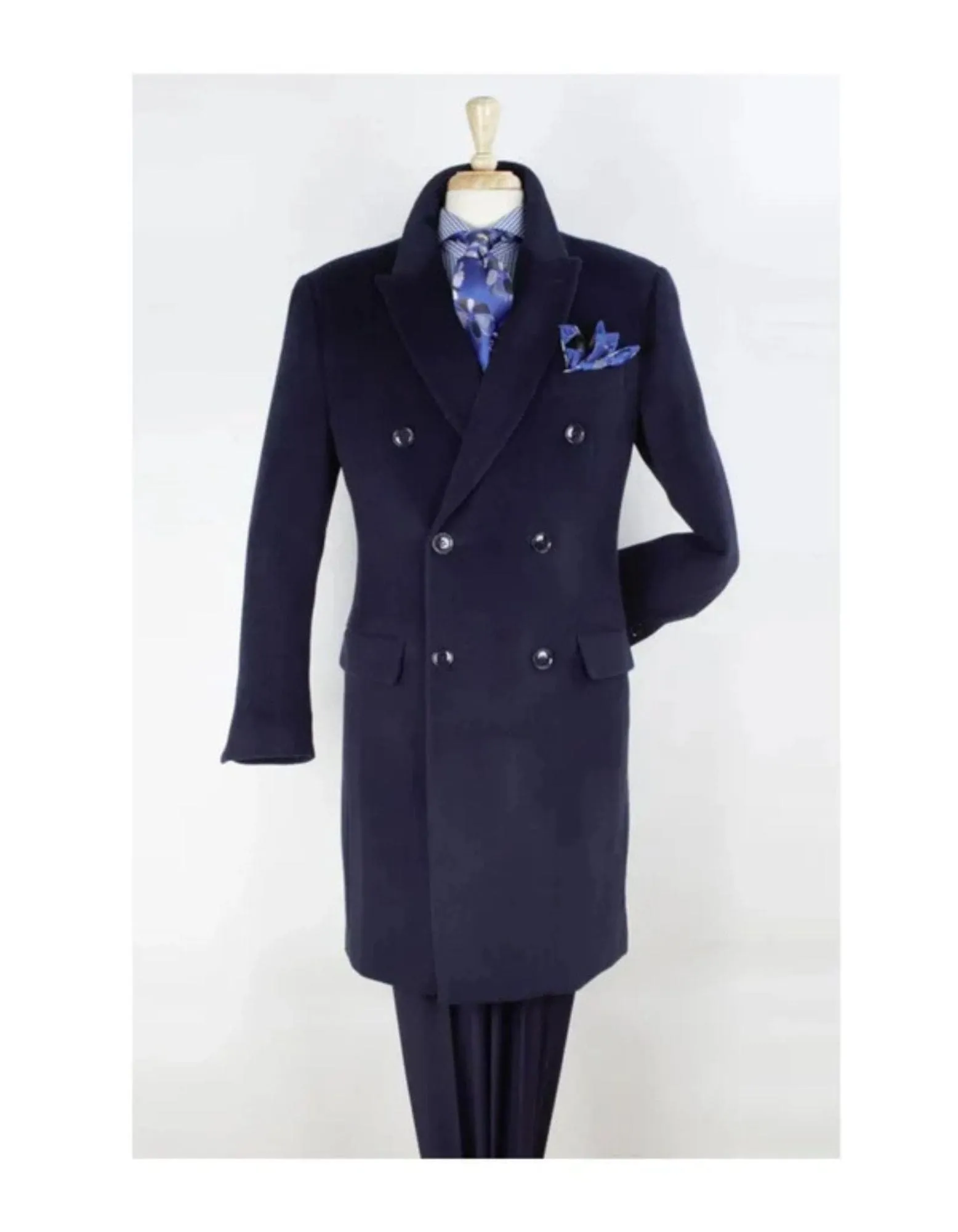 "Navy Men's Double Breasted Wool Overcoat - Three Quarter Length"