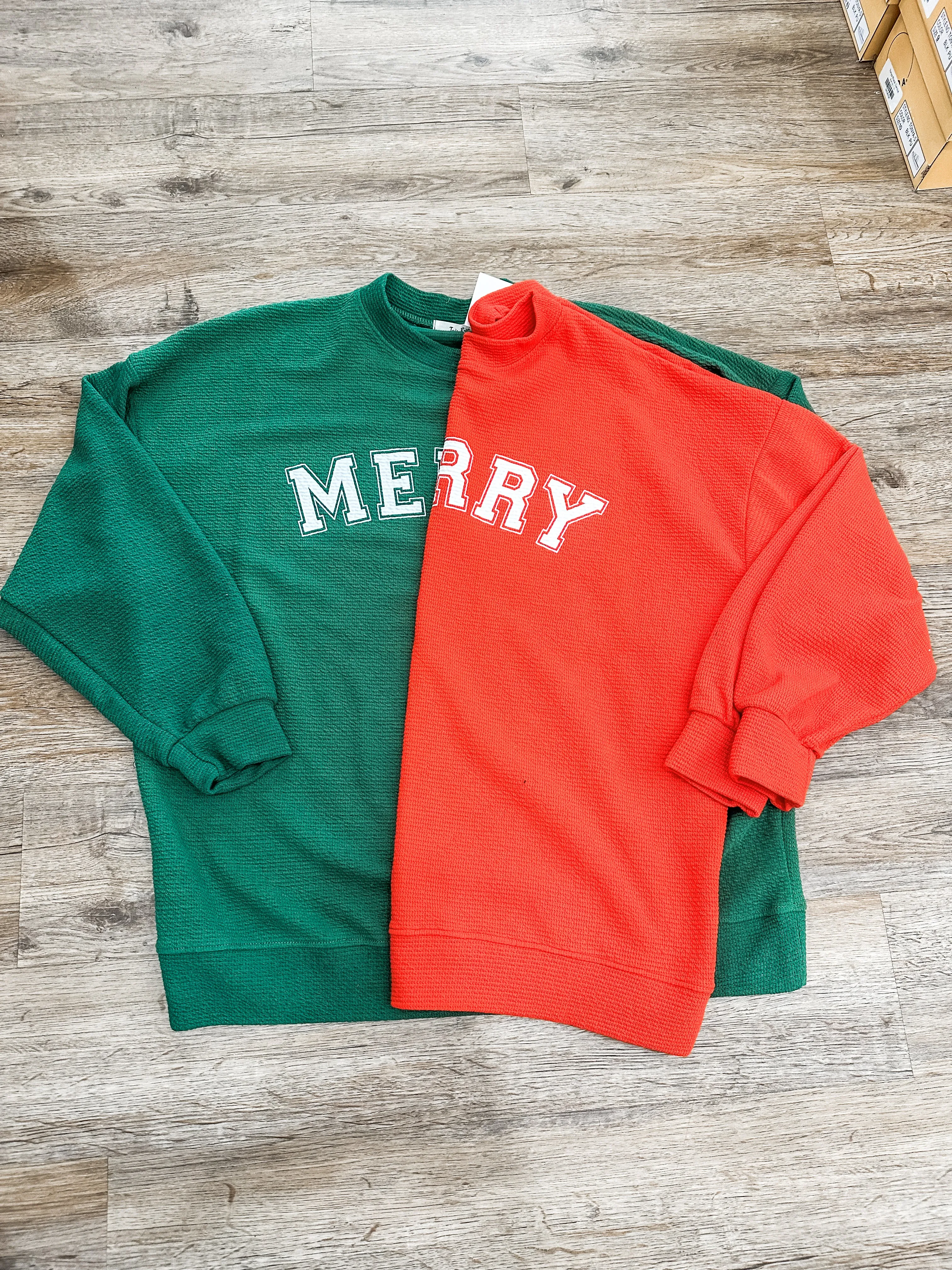 Red Merry Stencil Cloudy Knit Long Sleeve Graphic Pullover