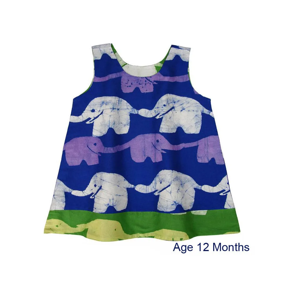 Reversible Baby Dress Blue and Lime Elephants Global Mamas
