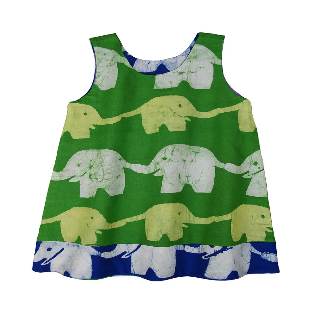 Reversible Baby Dress Blue and Lime Elephants Global Mamas