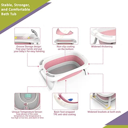 Safe-O-Kid, Foldable Baby Bath tub with Shampoo Hat- Pink