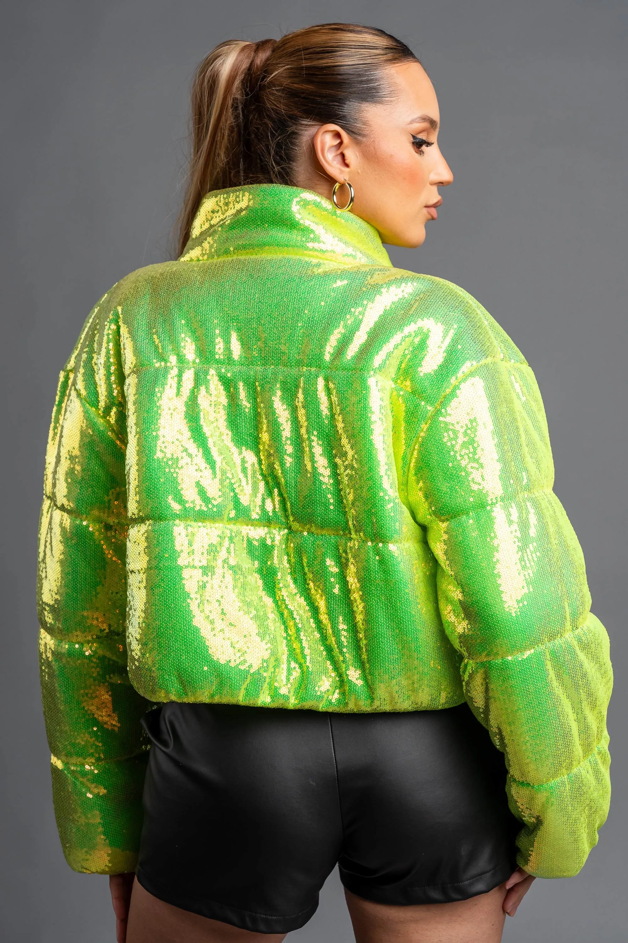 SEXY NEON SEQUINS PUFFER OVERSZIED BOMBER JACKET