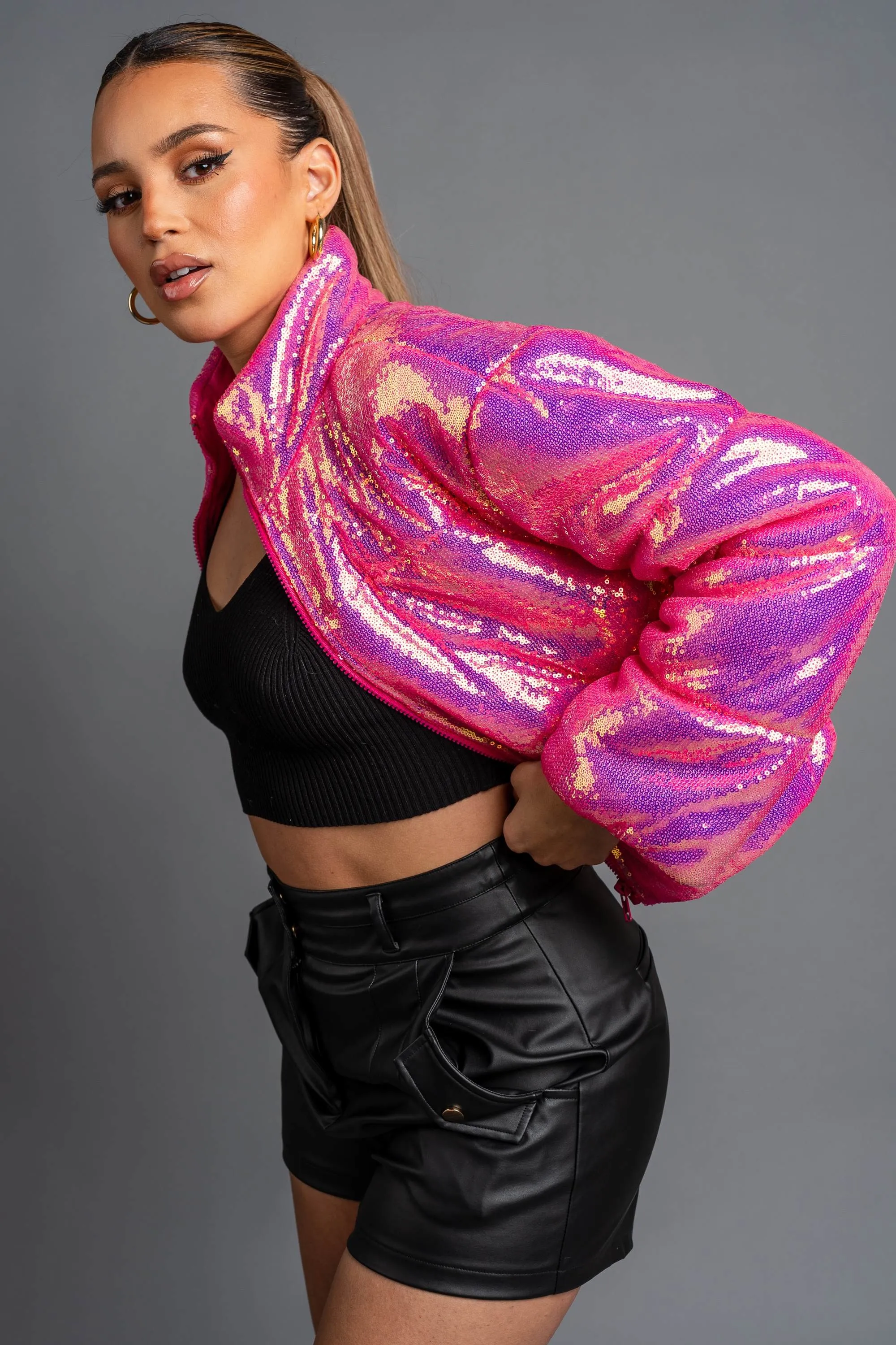 SEXY NEON SEQUINS PUFFER OVERSZIED BOMBER JACKET