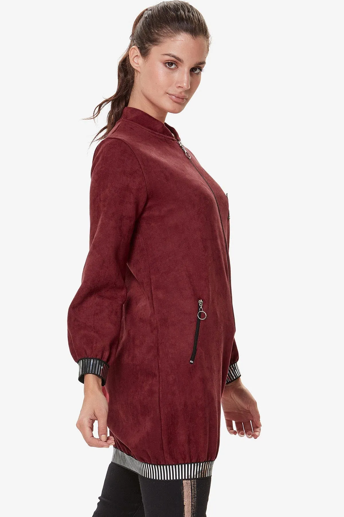 Sidiou Group Women Zipped Claret Red Nubuck Jacket