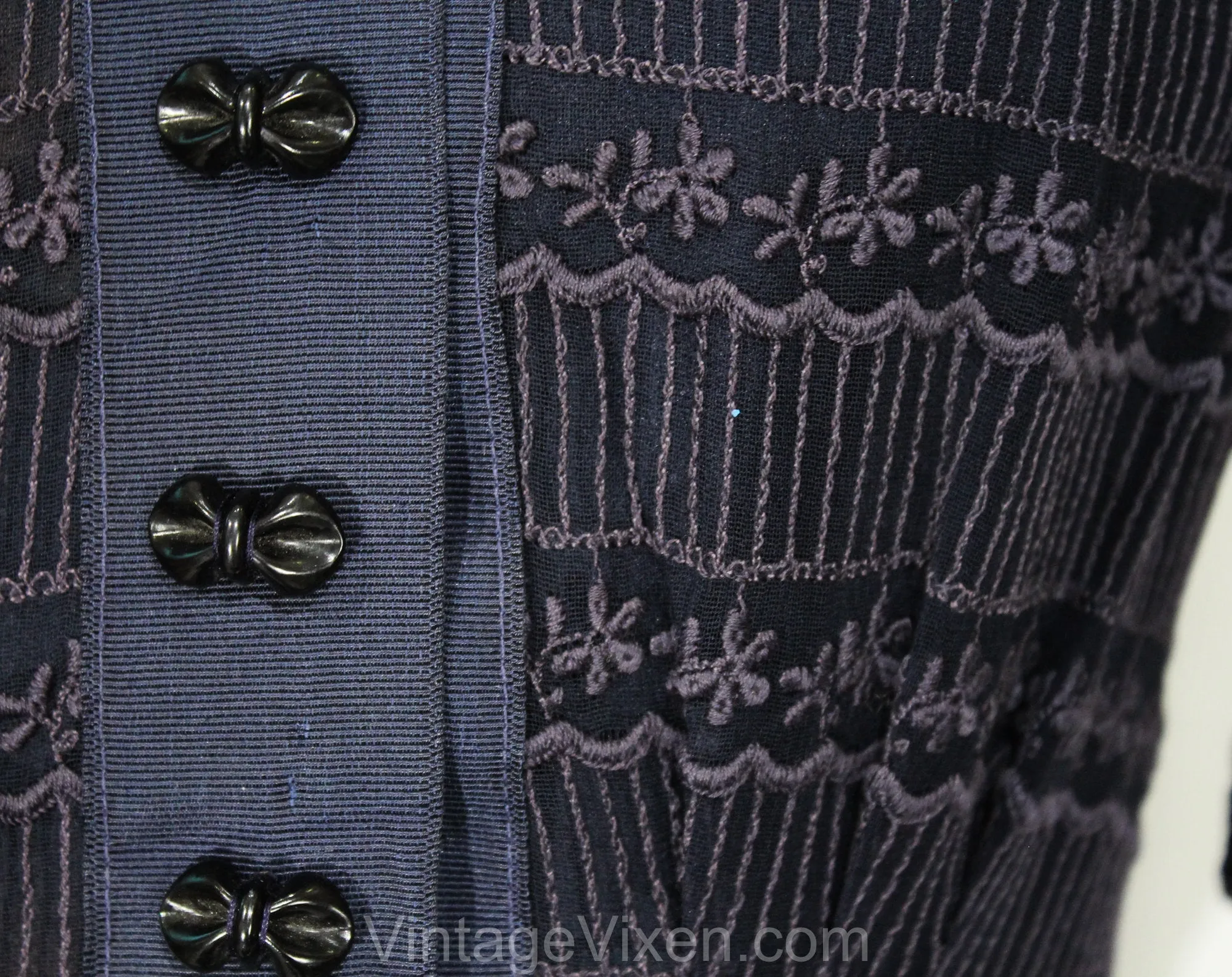 Size 8 1930s Dress - Sheer Navy Blue Voile with Scalloped Embroidery - Authentic 30s Frock & Original Slip - Plastic Bow Buttons - Bust 37