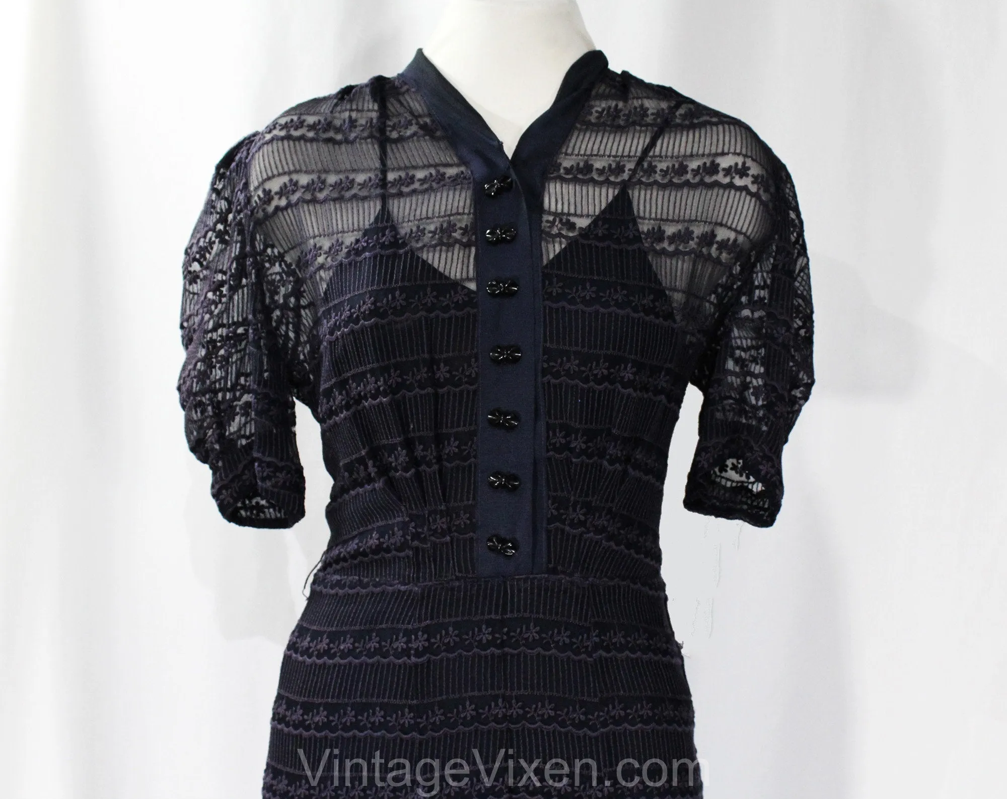Size 8 1930s Dress - Sheer Navy Blue Voile with Scalloped Embroidery - Authentic 30s Frock & Original Slip - Plastic Bow Buttons - Bust 37