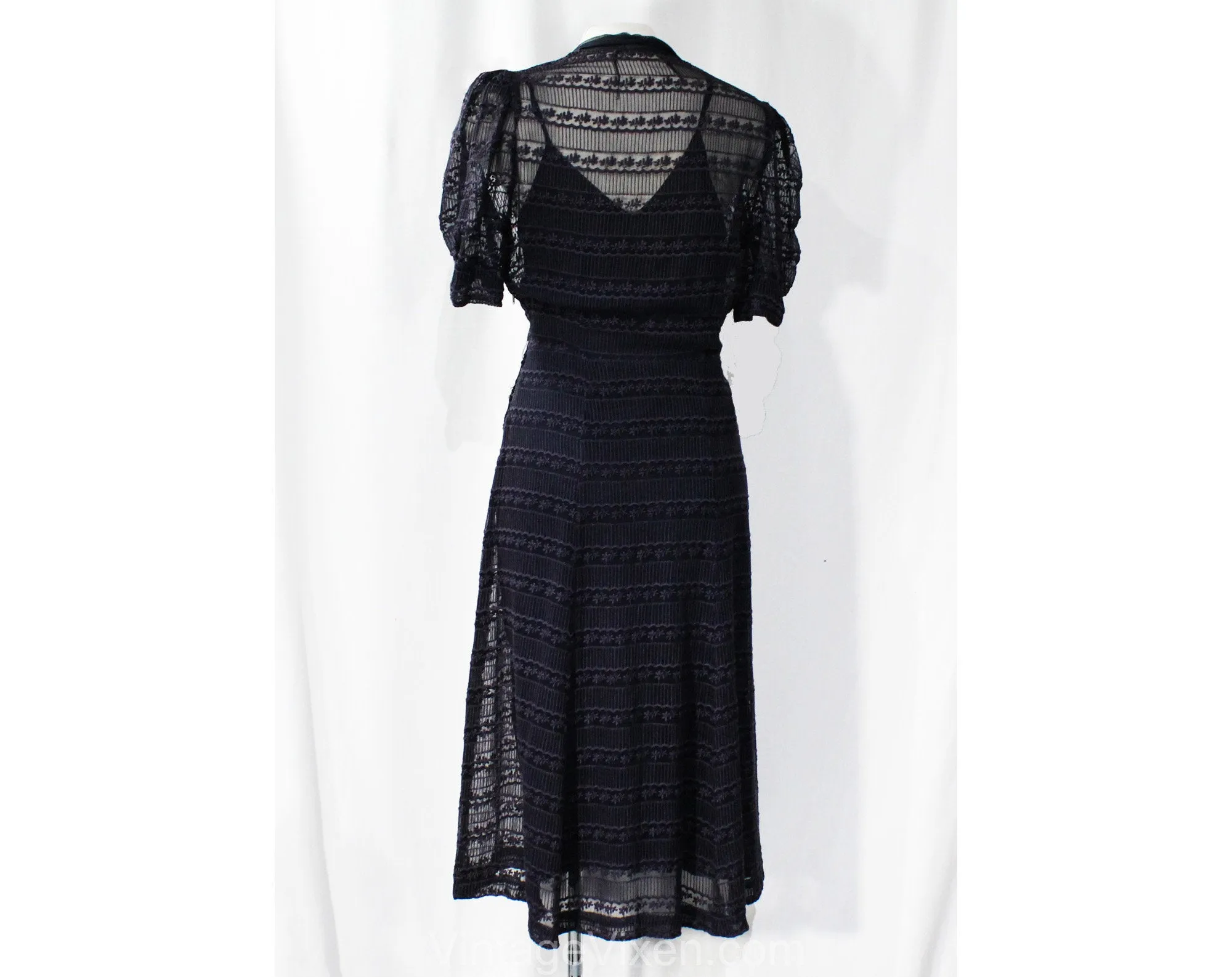 Size 8 1930s Dress - Sheer Navy Blue Voile with Scalloped Embroidery - Authentic 30s Frock & Original Slip - Plastic Bow Buttons - Bust 37