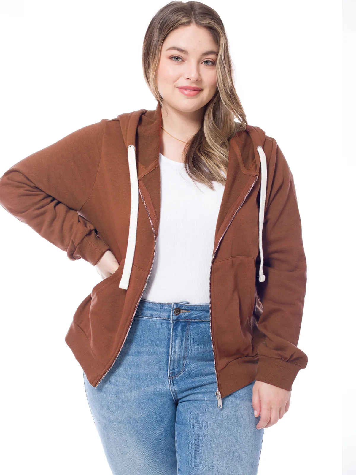 Solid Basic Long Sleeve Zip Up Fleece Jacket