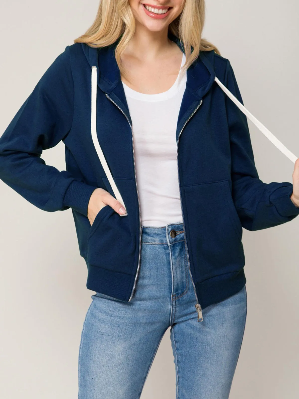 Solid Basic Long Sleeve Zip Up Fleece Jacket