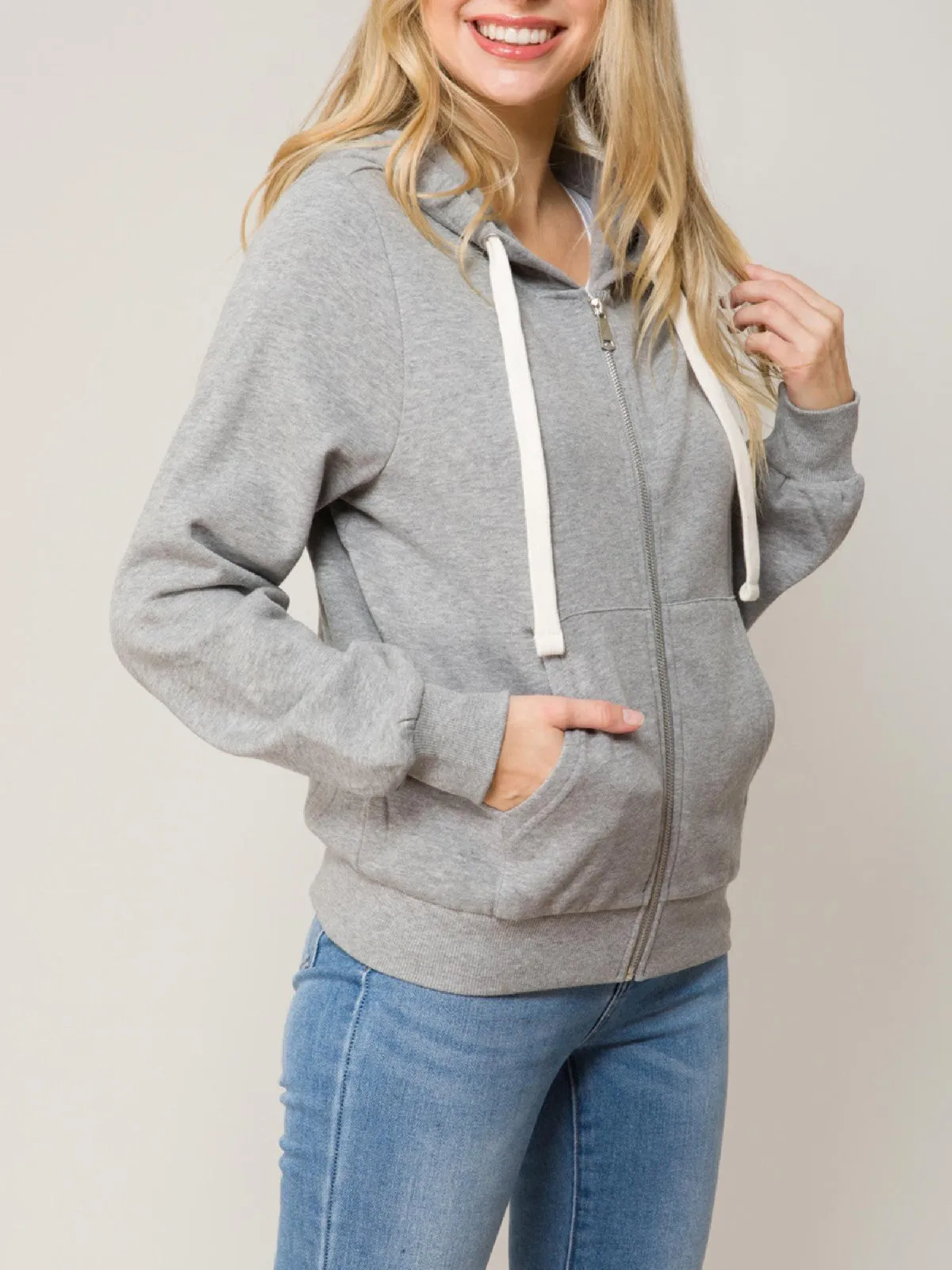Solid Basic Long Sleeve Zip Up Fleece Jacket