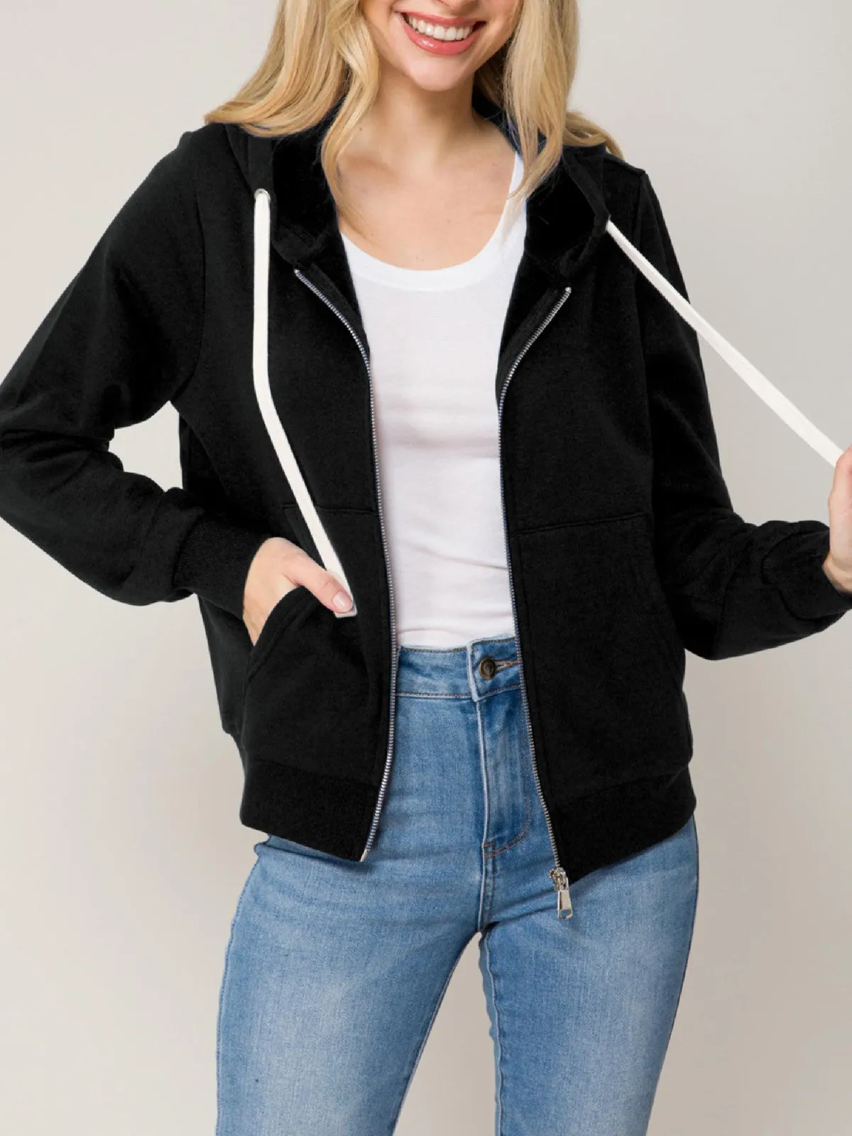 Solid Basic Long Sleeve Zip Up Fleece Jacket