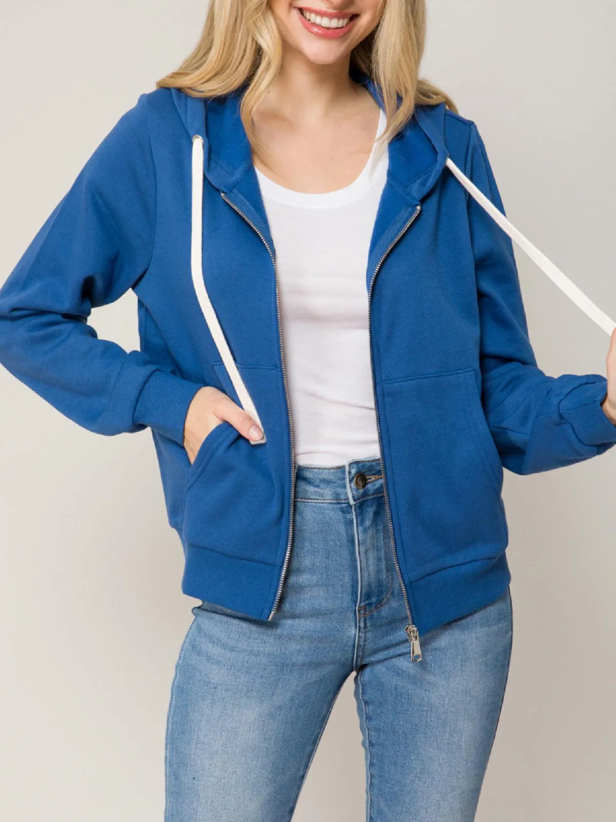 Solid Basic Long Sleeve Zip Up Fleece Jacket