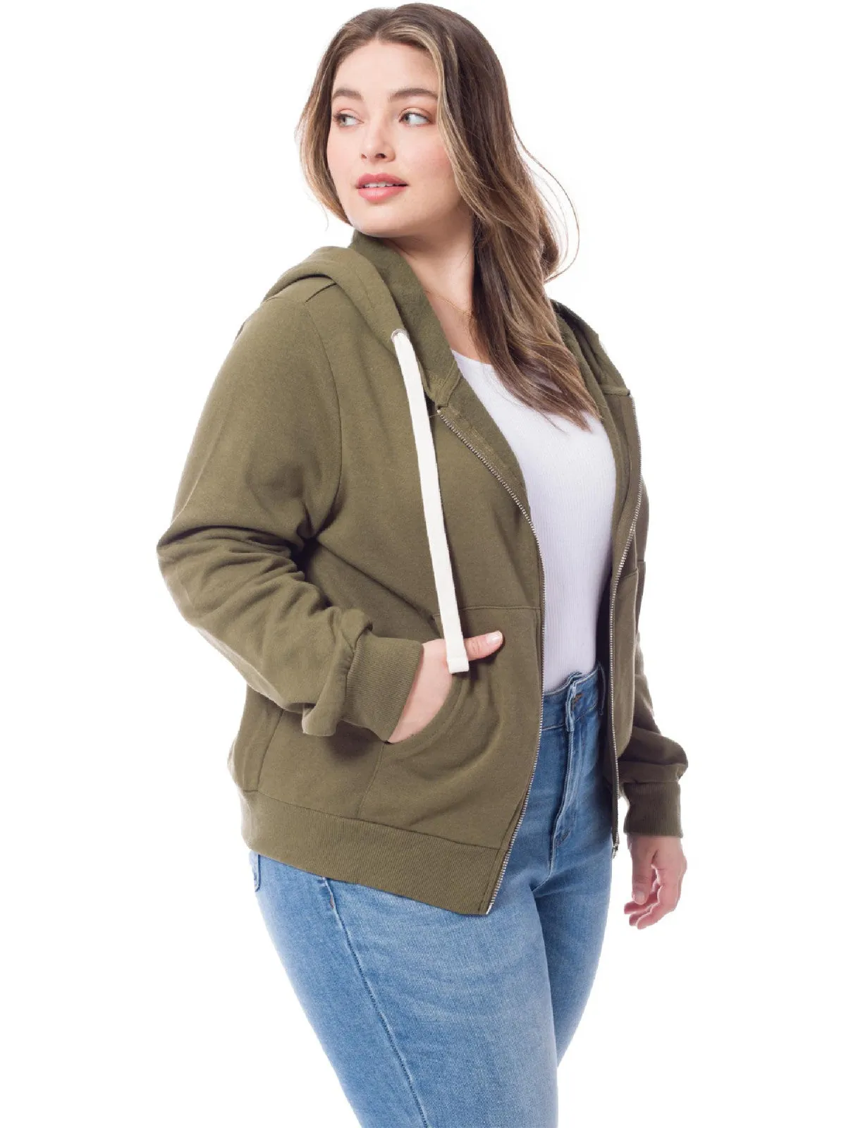 Solid Basic Long Sleeve Zip Up Fleece Jacket