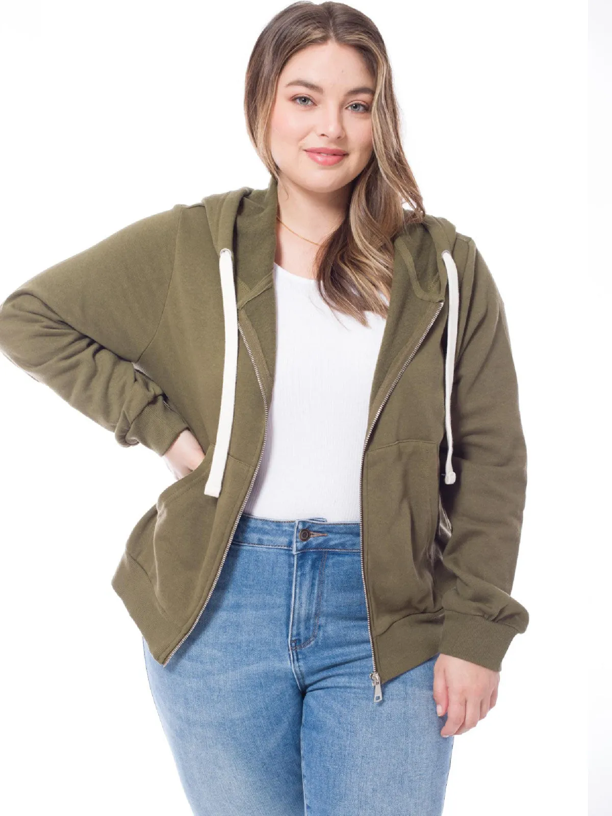 Solid Basic Long Sleeve Zip Up Fleece Jacket