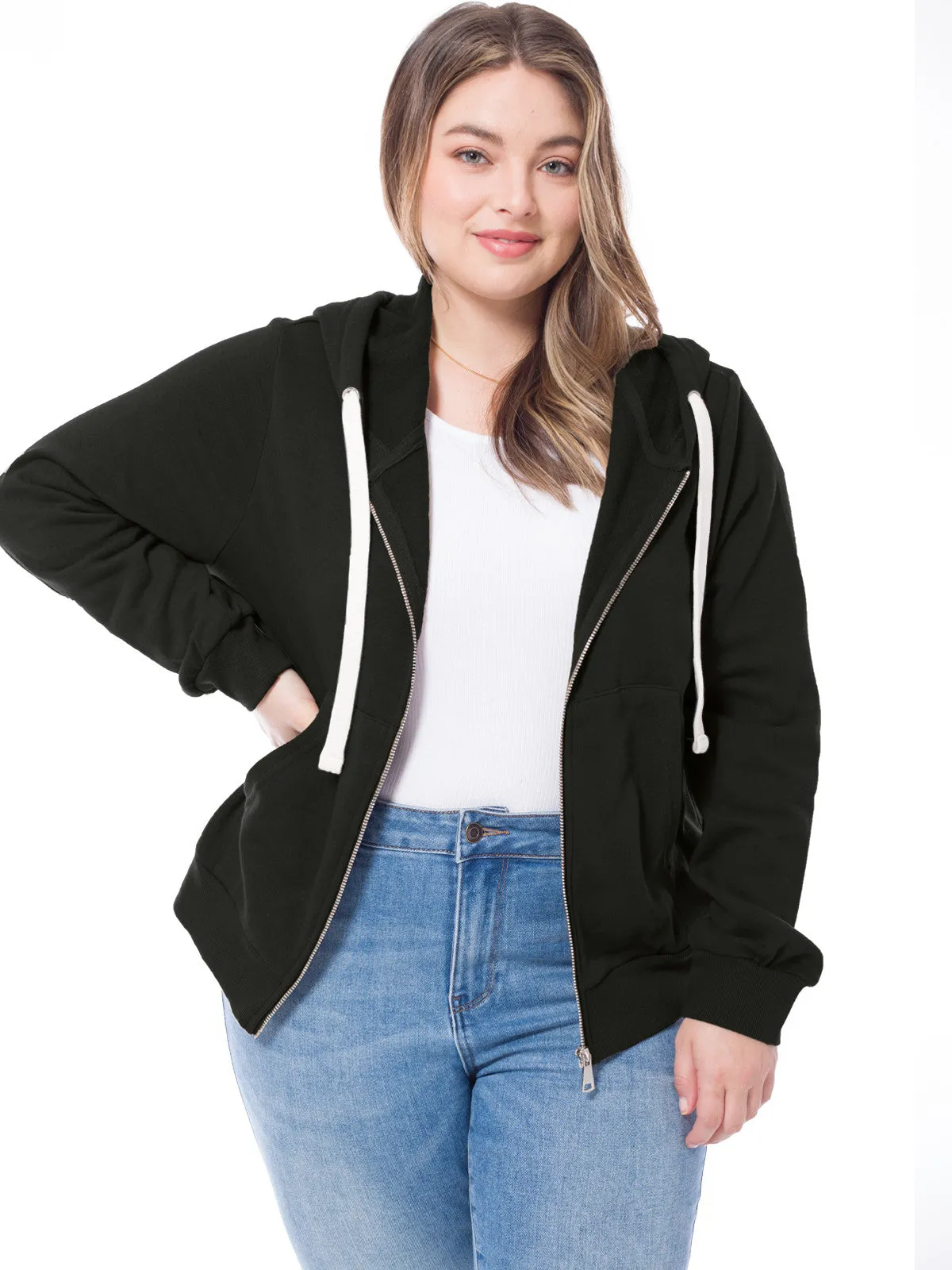 Solid Basic Long Sleeve Zip Up Fleece Jacket