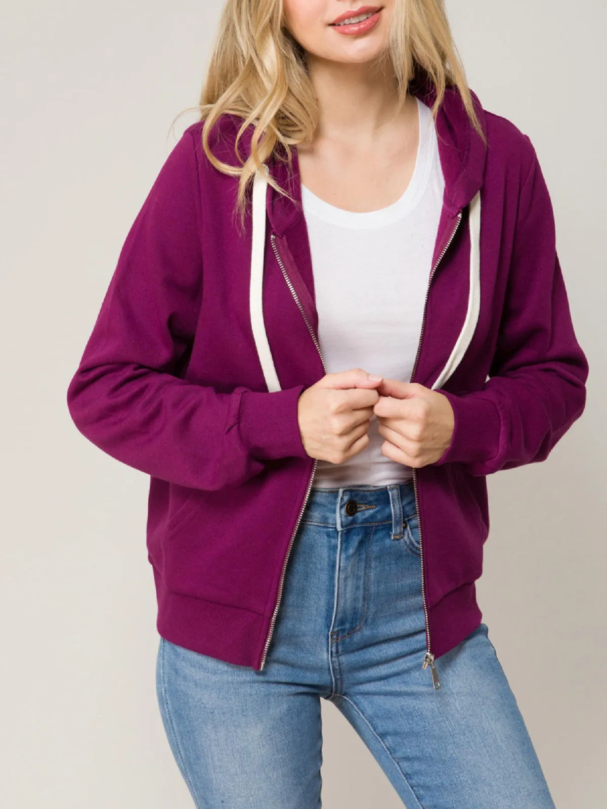 Solid Basic Long Sleeve Zip Up Fleece Jacket