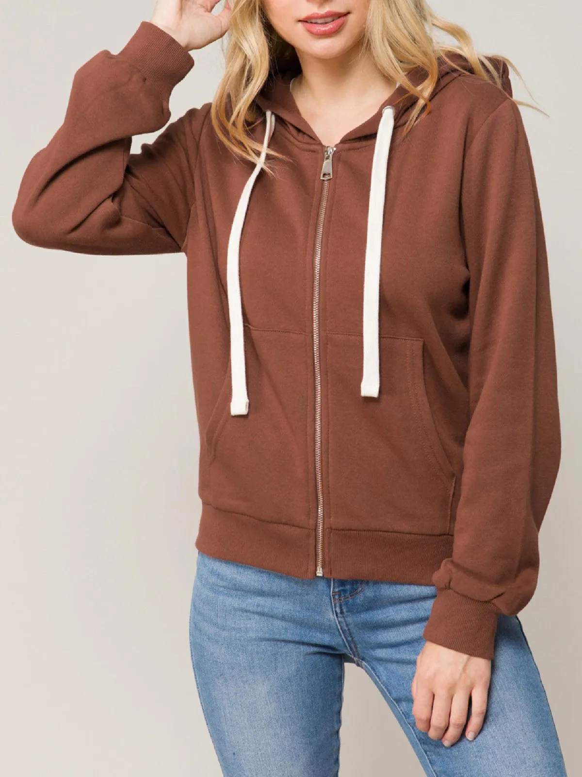 Solid Basic Long Sleeve Zip Up Fleece Jacket