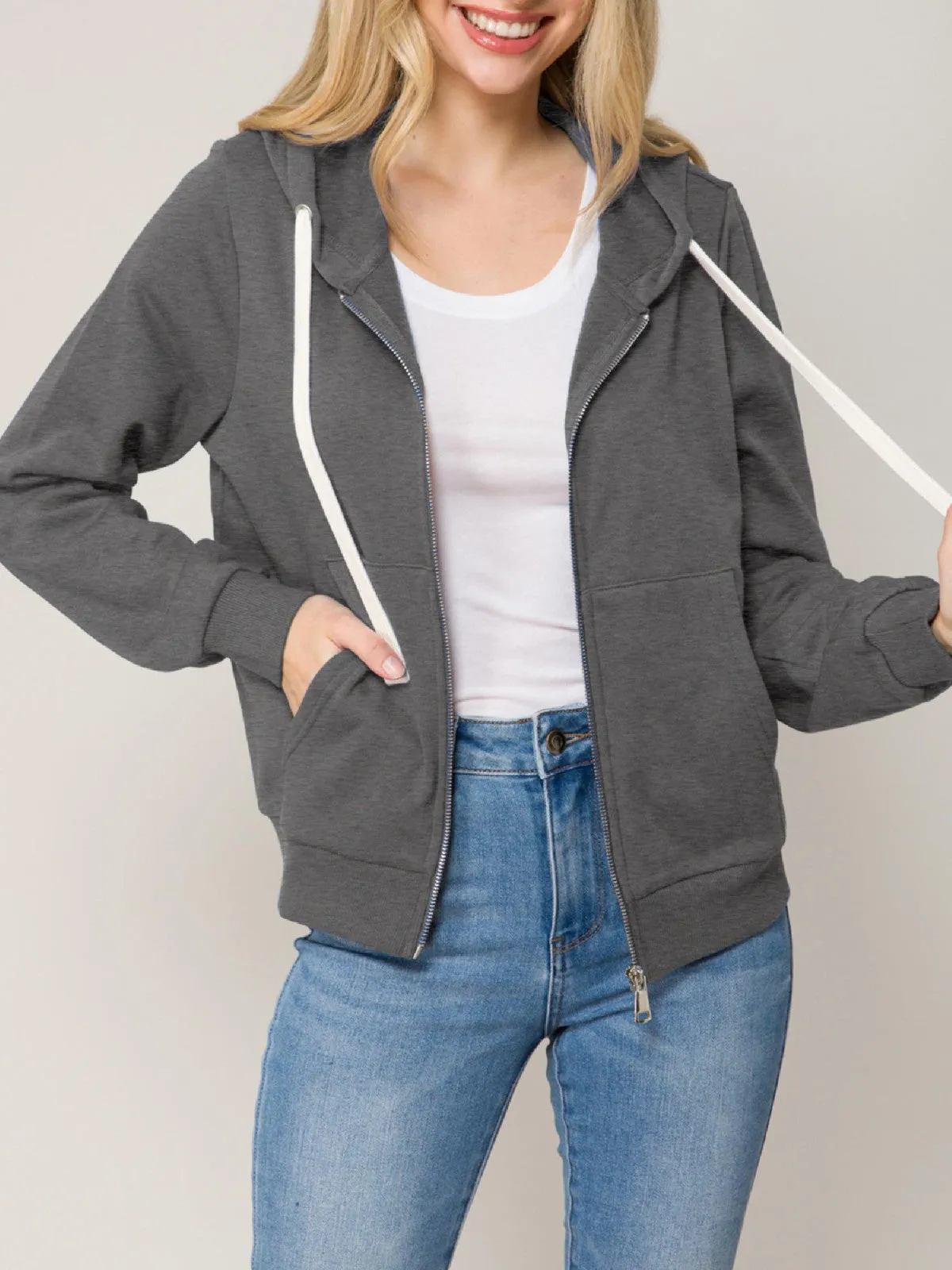 Solid Basic Long Sleeve Zip Up Fleece Jacket
