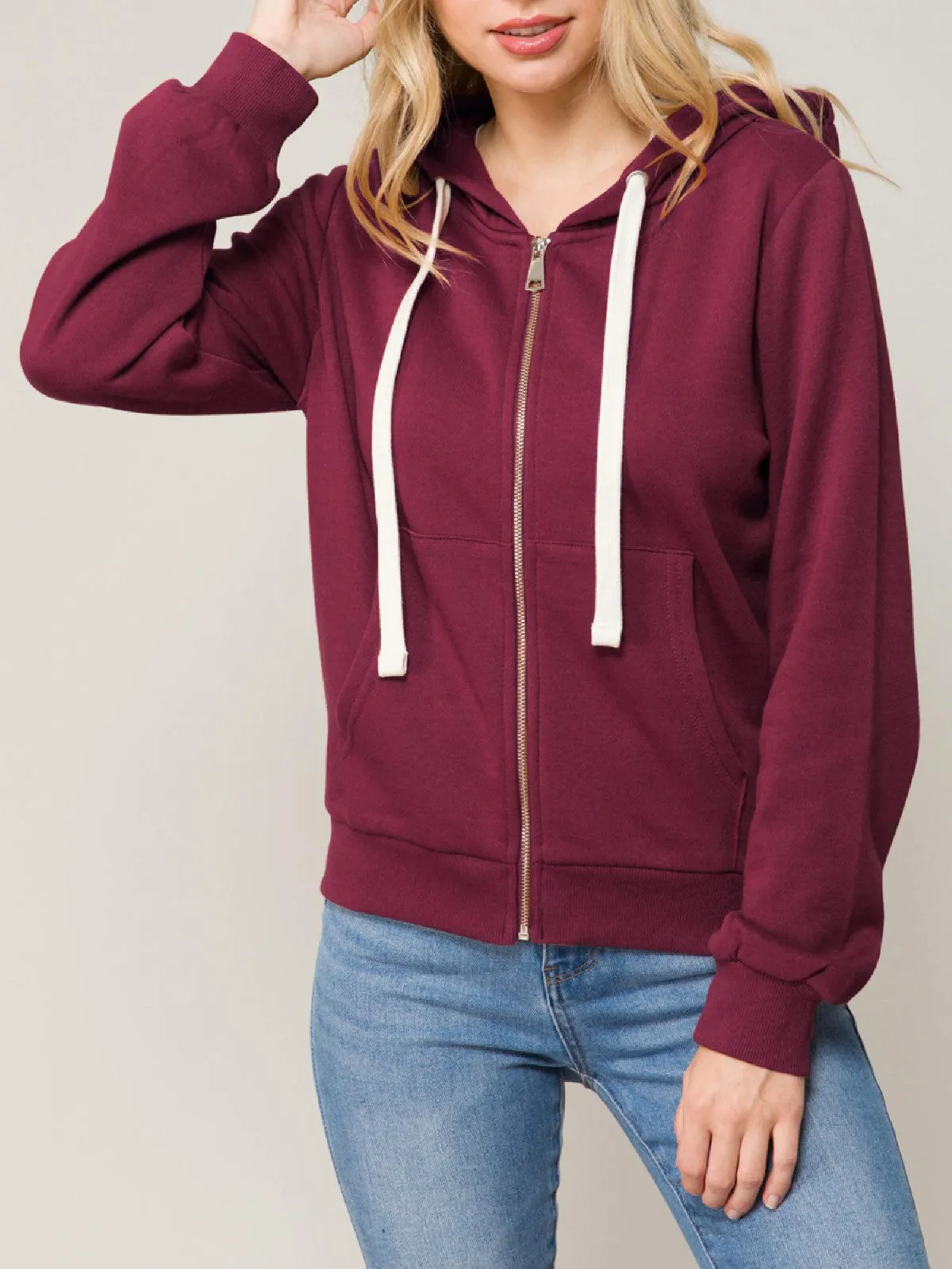 Solid Basic Long Sleeve Zip Up Fleece Jacket