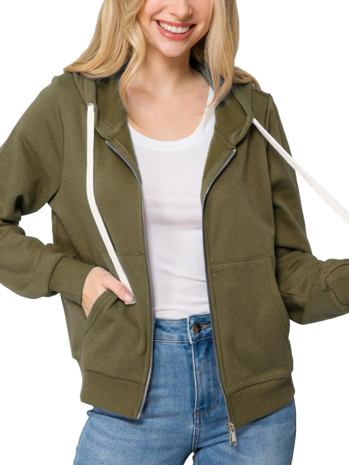 Solid Basic Long Sleeve Zip Up Fleece Jacket