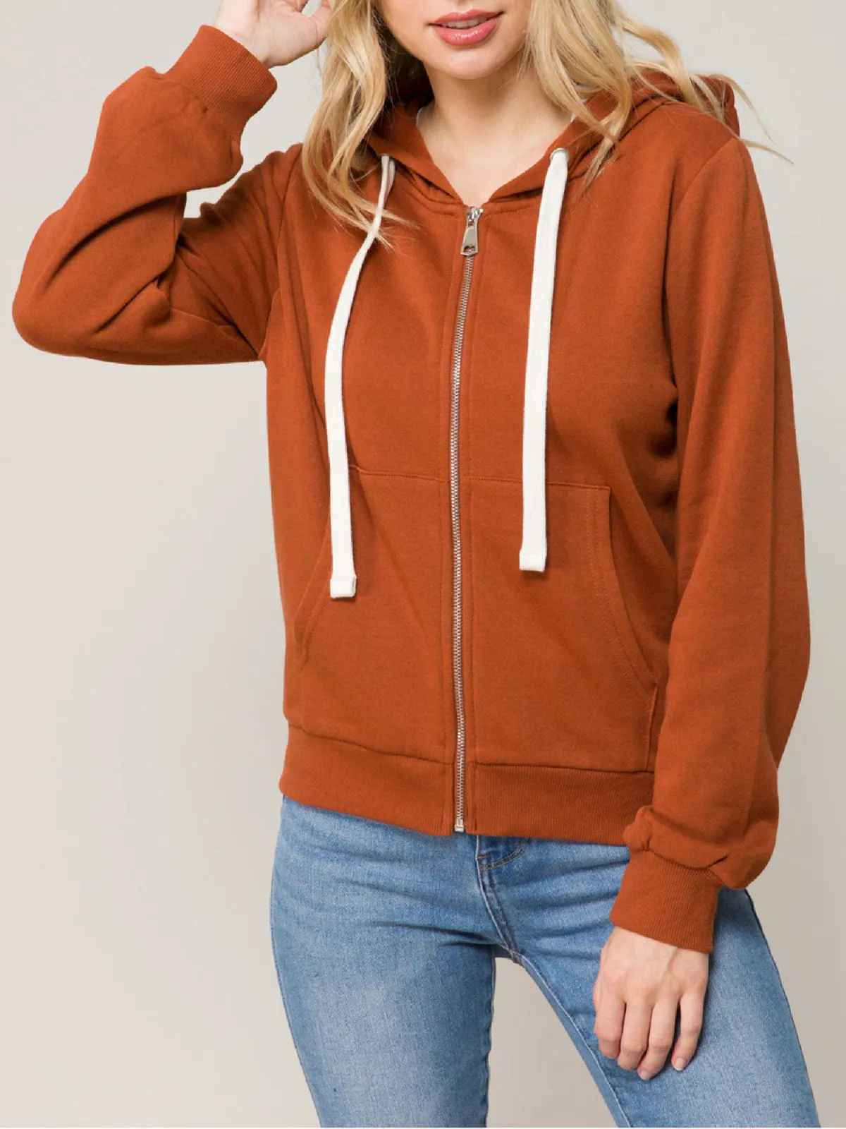 Solid Basic Long Sleeve Zip Up Fleece Jacket