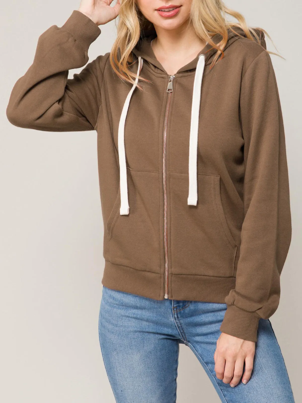 Solid Basic Long Sleeve Zip Up Fleece Jacket