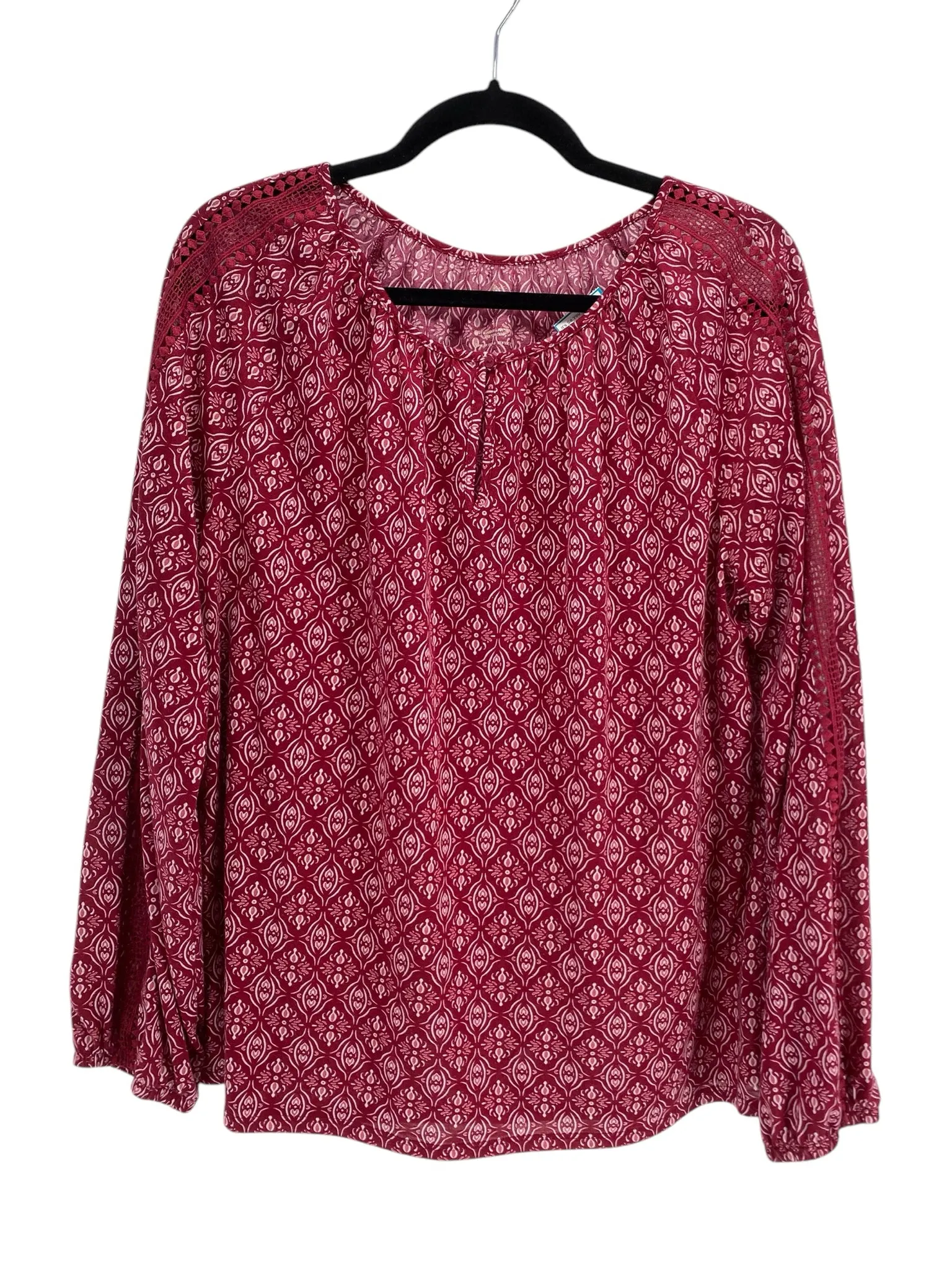 St Johns Bay Misses Size Large Burgundy Print LS Blouse