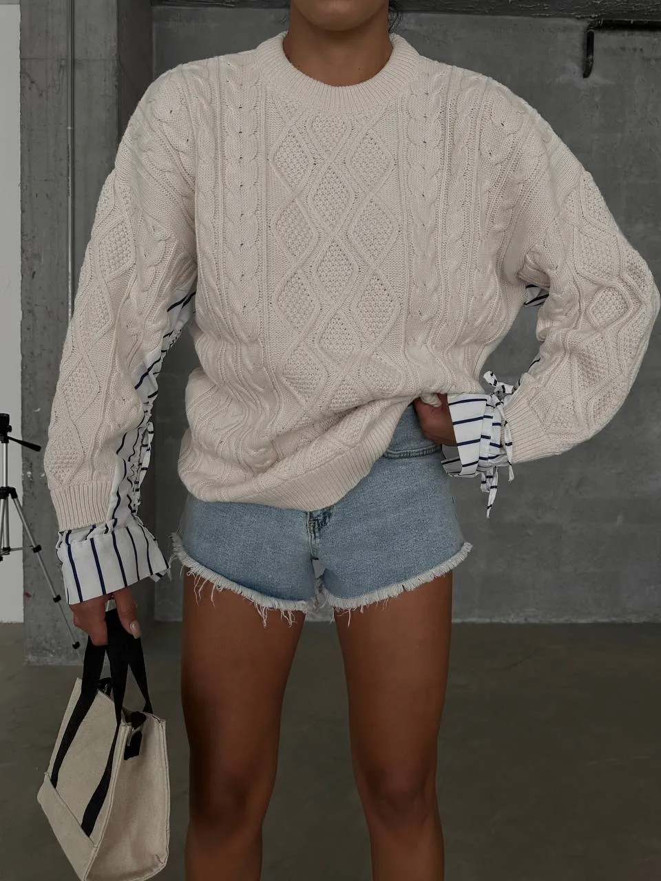 Strick Pullover - Zopfmuster und Blusenärmel