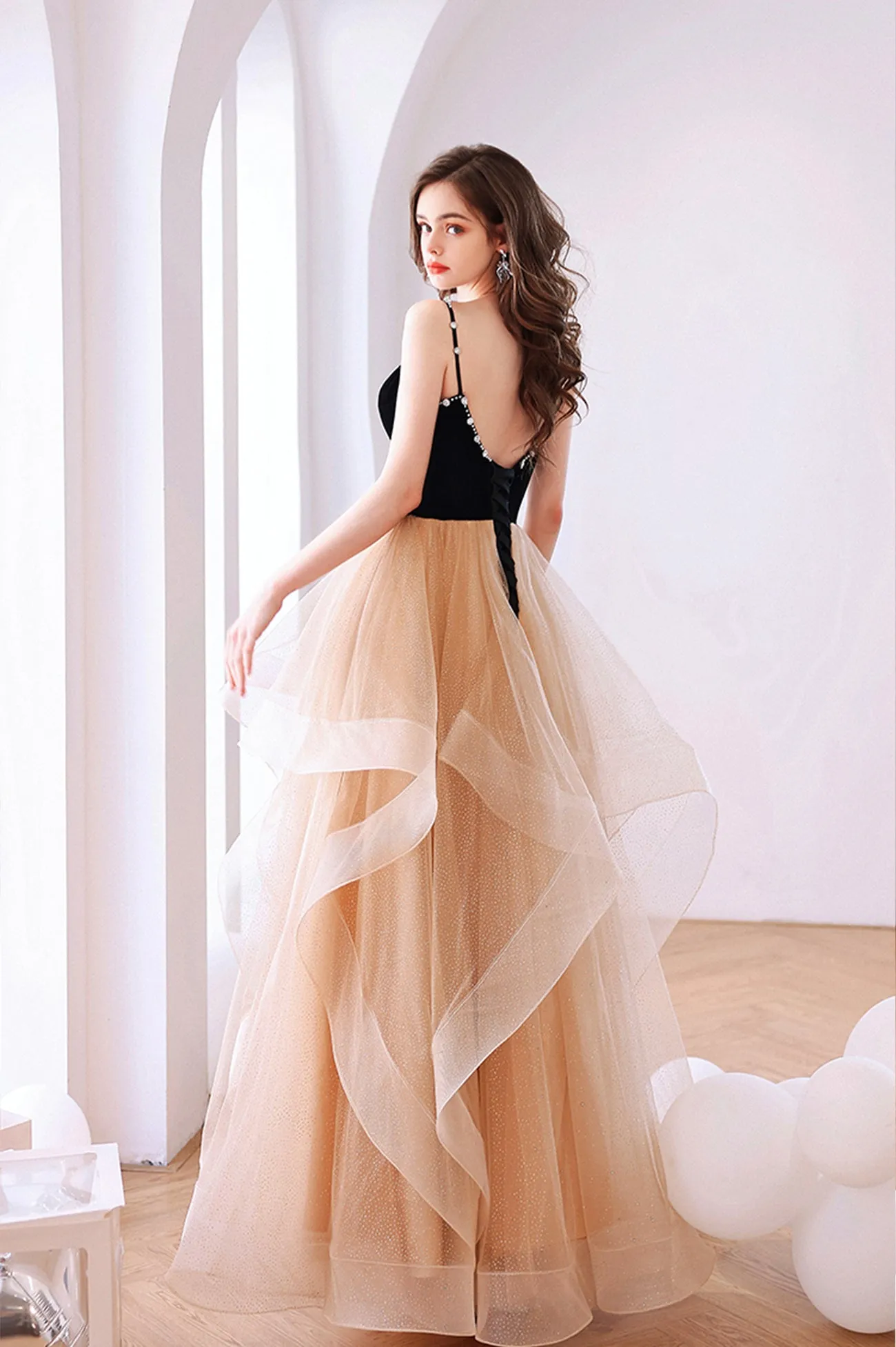 Stylish V-Neck Tulle Layers Long Formal Dress, Cute A-Line Prom Dress