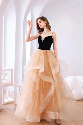 Stylish V-Neck Tulle Layers Long Formal Dress, Cute A-Line Prom Dress