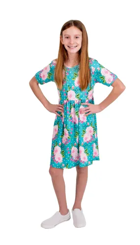 Teal Flower Short Sleeve Milk Silk Dress