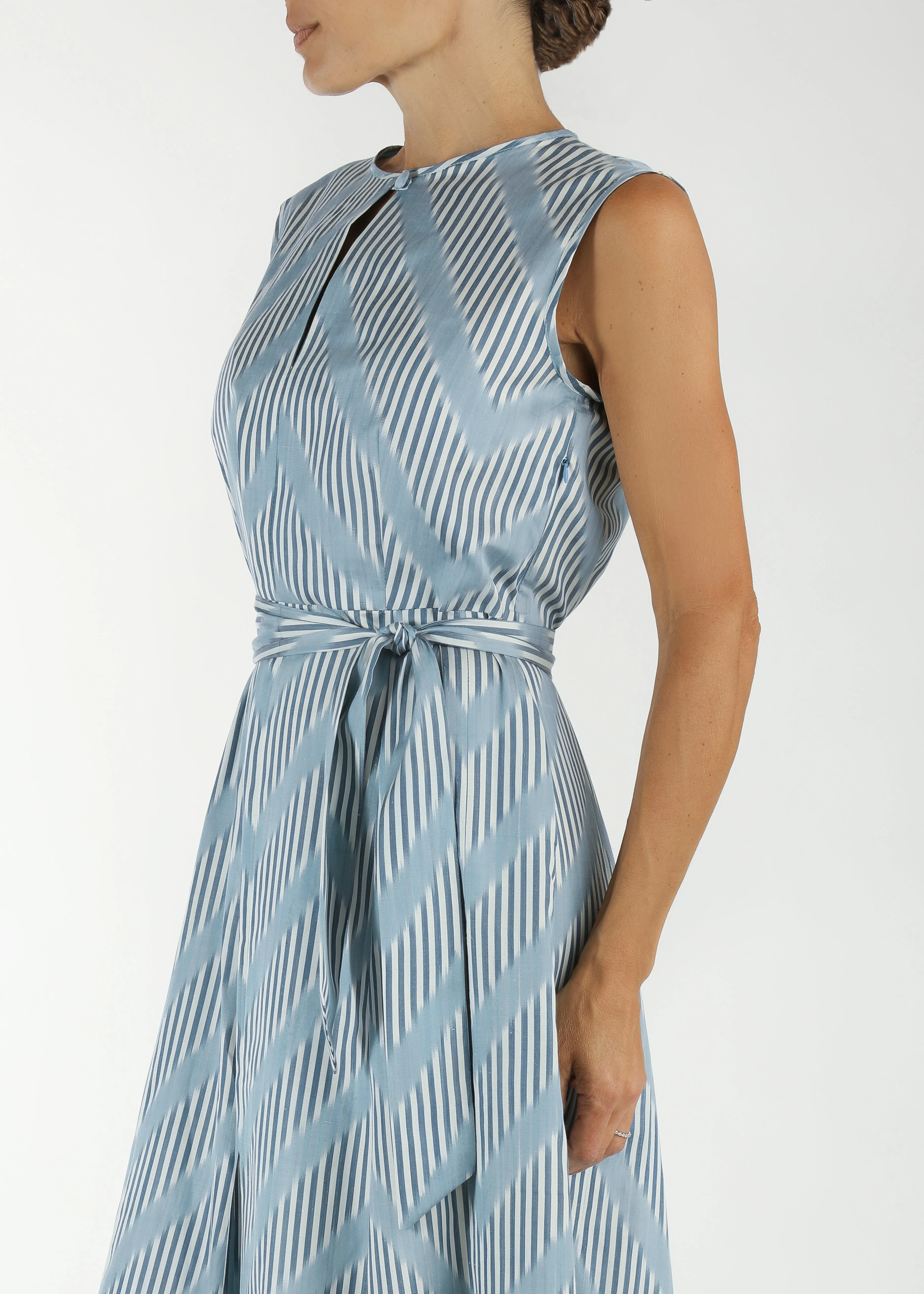 Tisbury Silk Ikat Sleeveless Dress - Light Blue, White