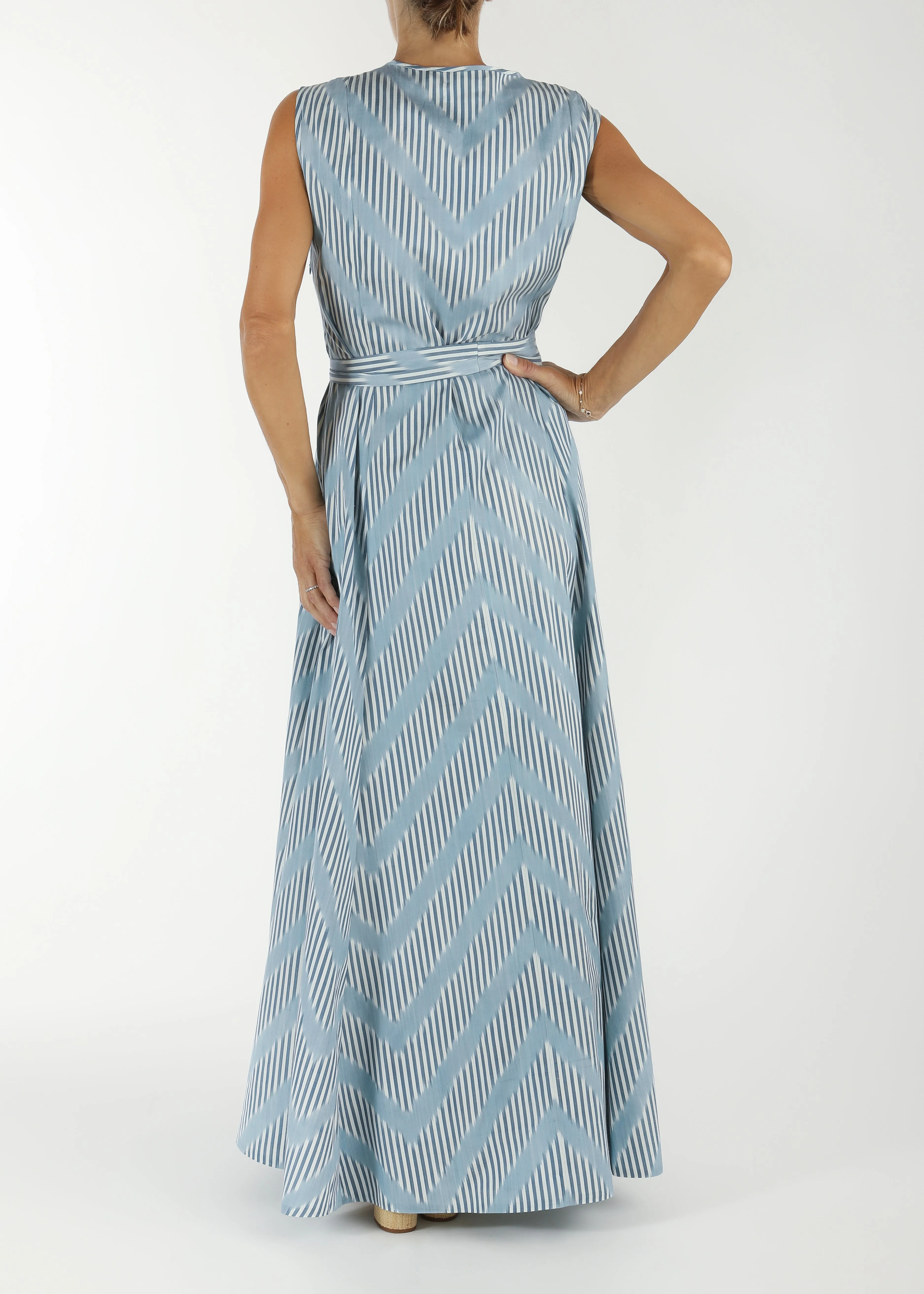 Tisbury Silk Ikat Sleeveless Dress - Light Blue, White