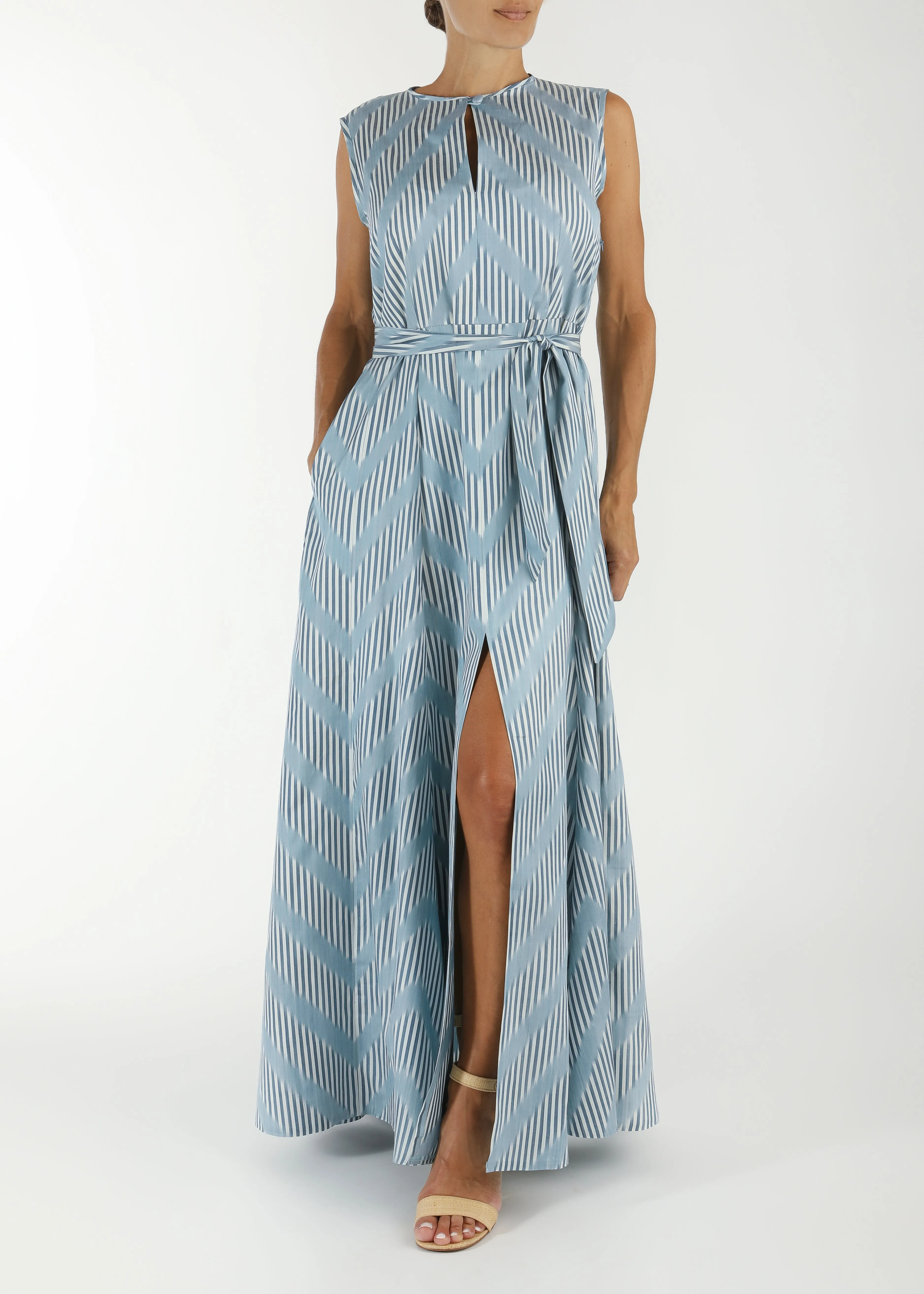 Tisbury Silk Ikat Sleeveless Dress - Light Blue, White