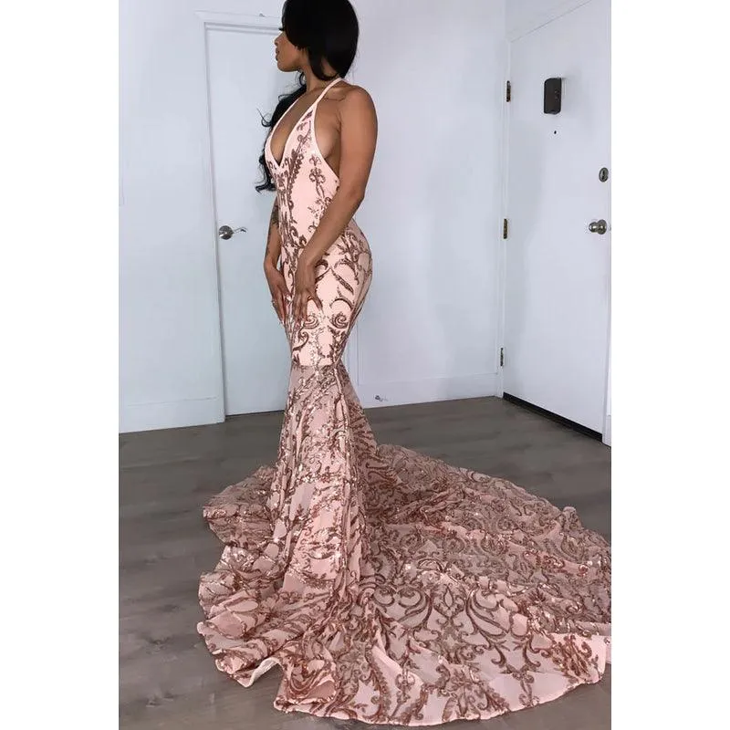 V-Neck Halter Backless Sequins Satin Mermaid Long Prom Evening Dress