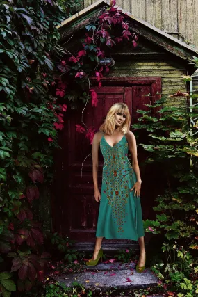 Vee Divergence- French Gothic V Neck Slip Dress in Jade Teal | Le Leanian™
