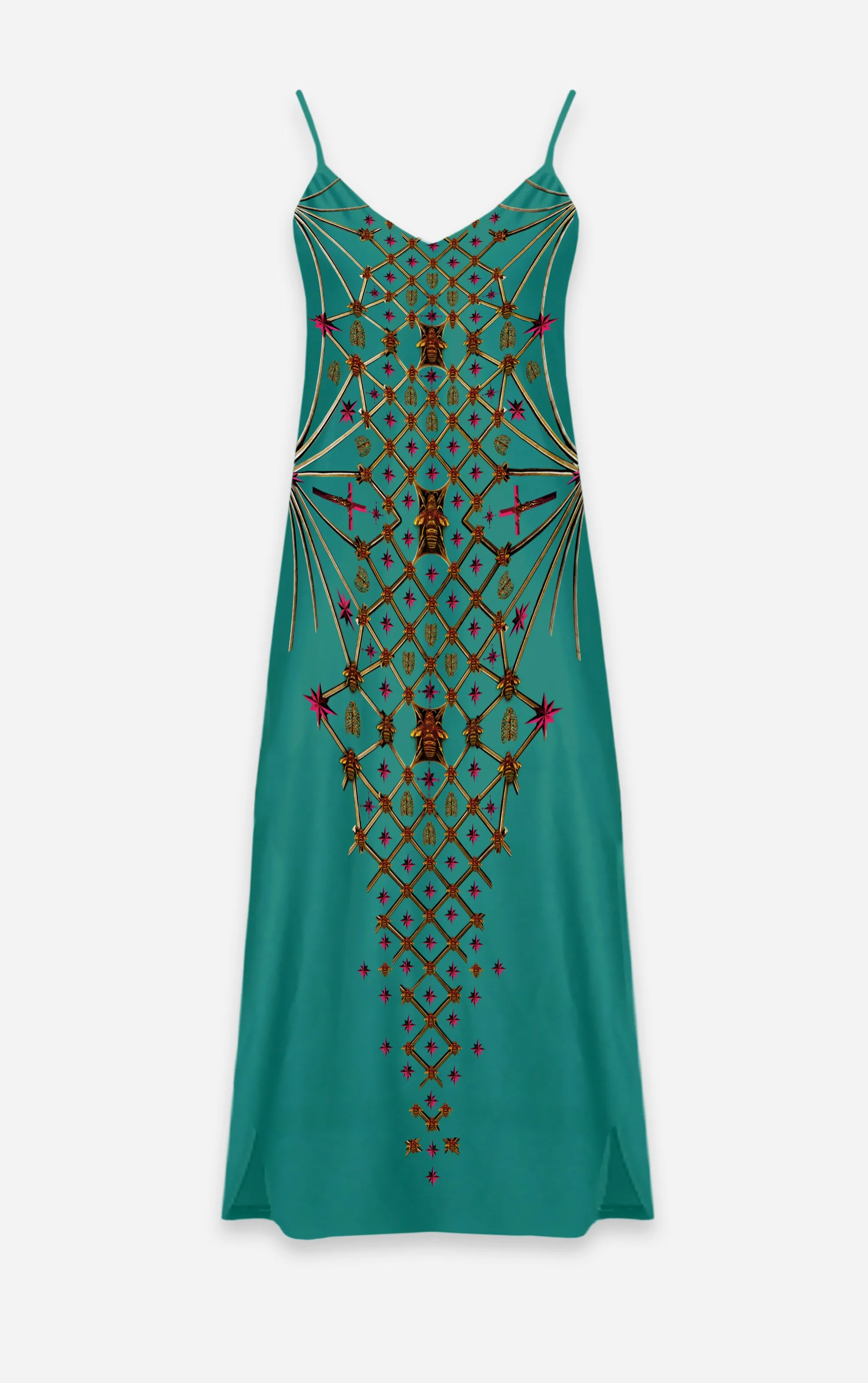 Vee Divergence- French Gothic V Neck Slip Dress in Jade Teal | Le Leanian™