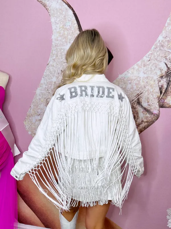 Veil Bound Bride Sequin Applique and Fringe Jacket, White