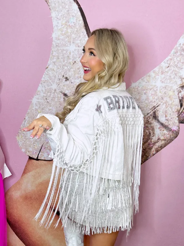Veil Bound Bride Sequin Applique and Fringe Jacket, White