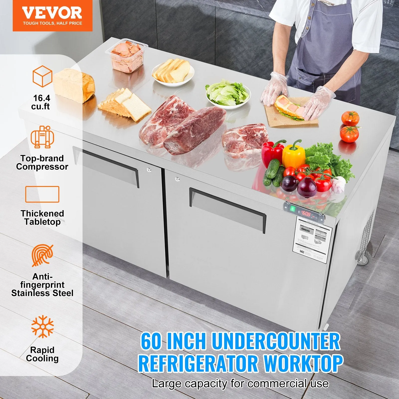 Vevor Refrigerator Prep Table 16.4 Cu. Ft. Commercial 2-Door 180W 60" Stainless Steel New