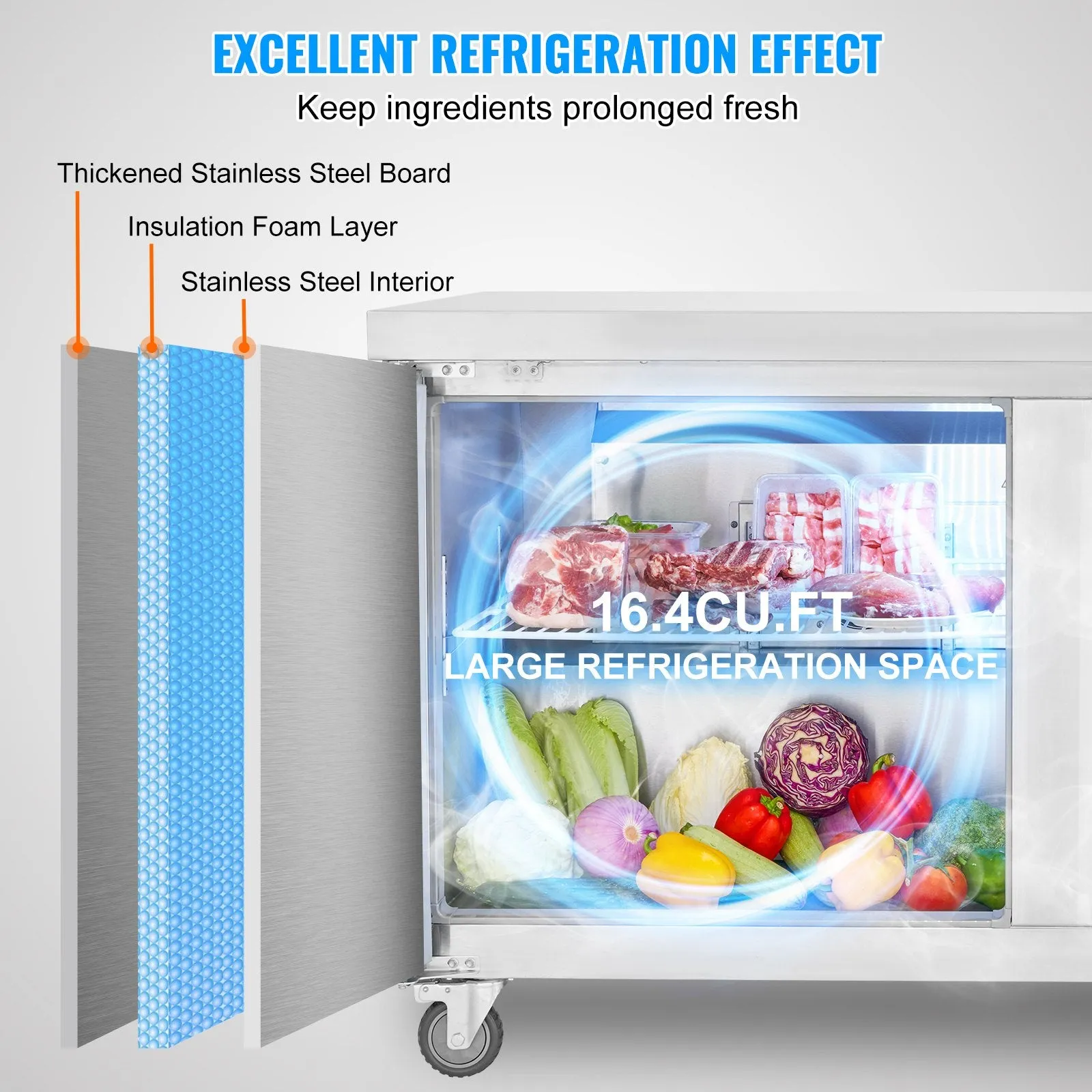 Vevor Refrigerator Prep Table 16.4 Cu. Ft. Commercial 2-Door 180W 60" Stainless Steel New
