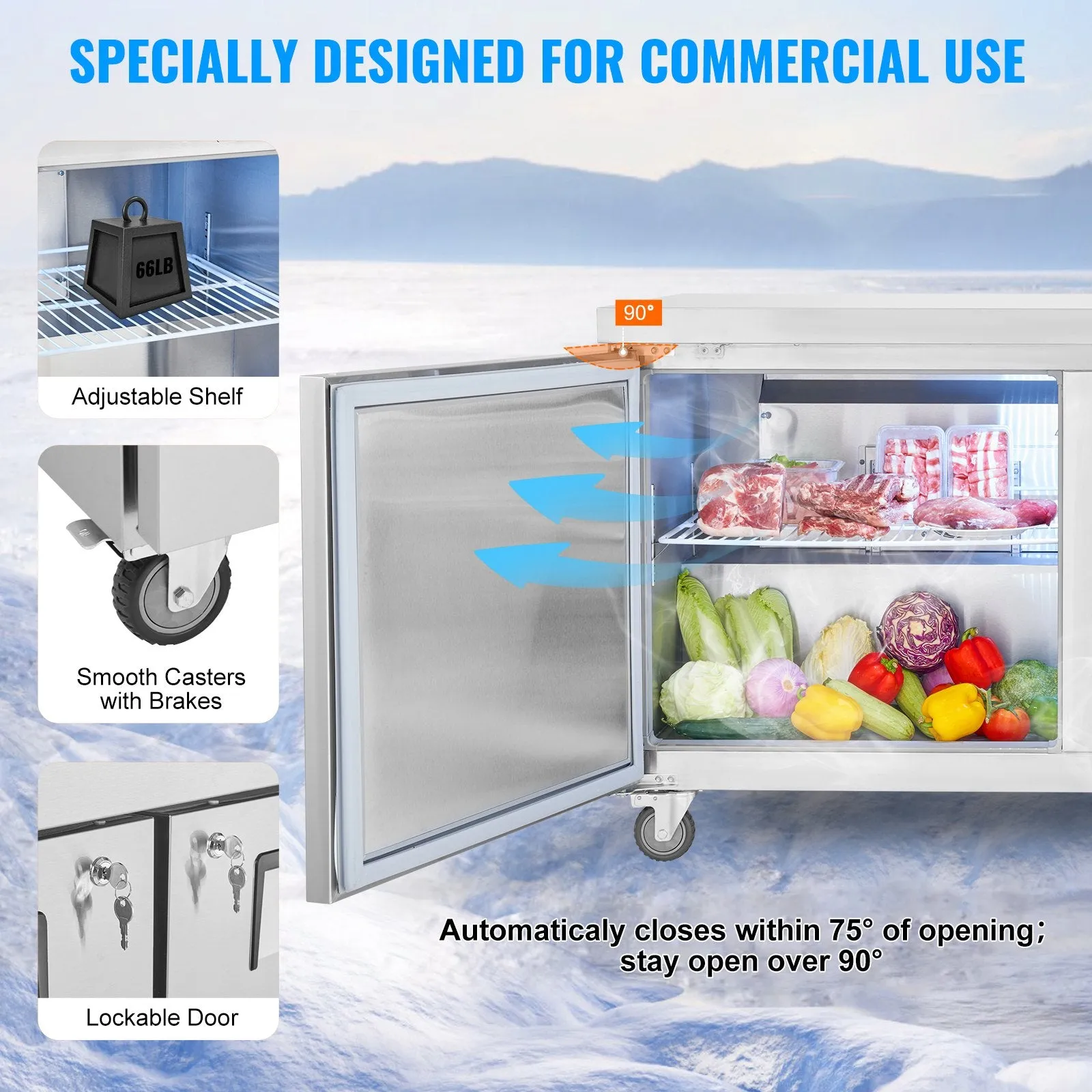 Vevor Refrigerator Prep Table 16.4 Cu. Ft. Commercial 2-Door 180W 60" Stainless Steel New