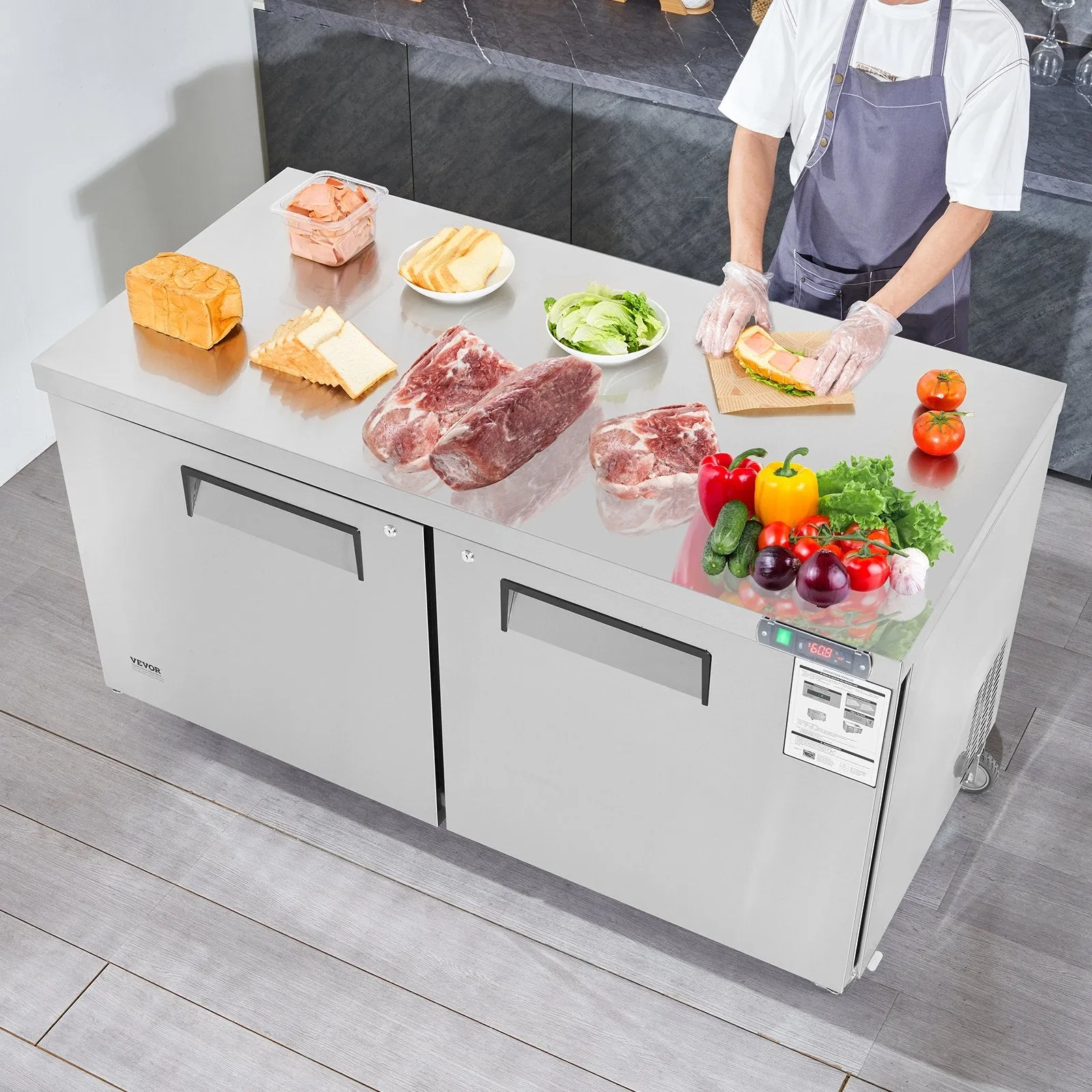 Vevor Refrigerator Prep Table 16.4 Cu. Ft. Commercial 2-Door 180W 60" Stainless Steel New