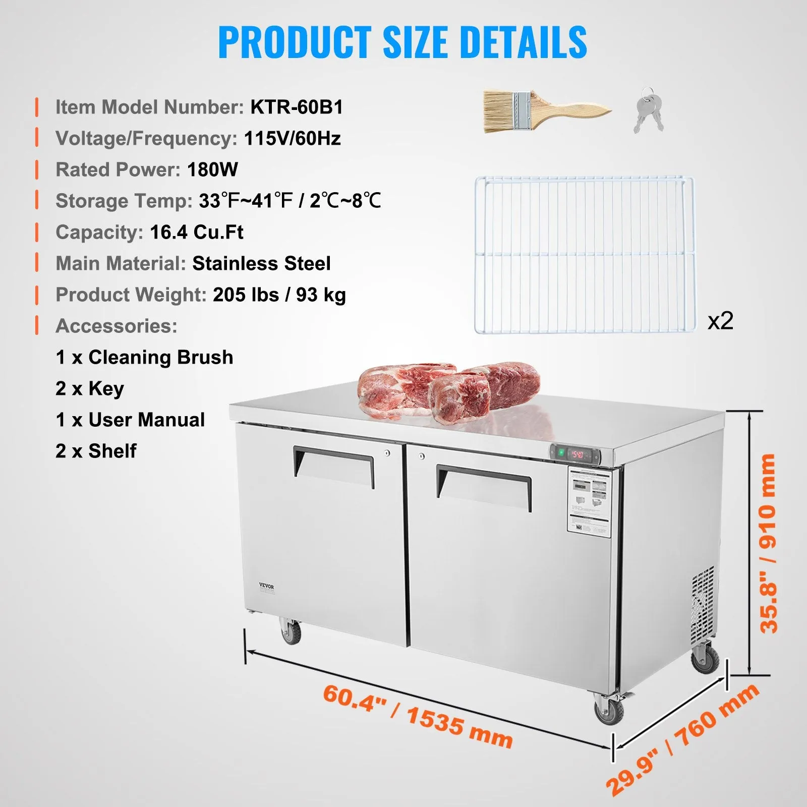 Vevor Refrigerator Prep Table 16.4 Cu. Ft. Commercial 2-Door 180W 60" Stainless Steel New