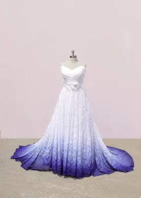 White and Purple Sweetheart Lace Wedding Dress, Ombre Wedding Dresses with Flowers      fg3336
