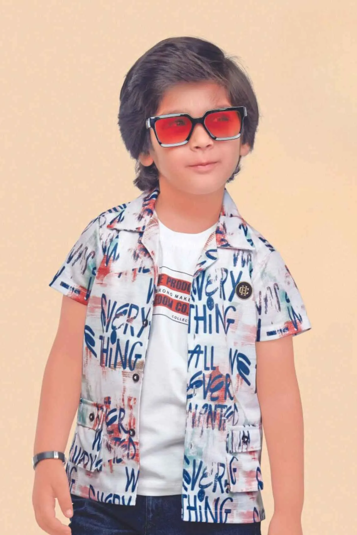 White T-Shirt With Multicolor Overcoat And Denim Shorts Set For Boys